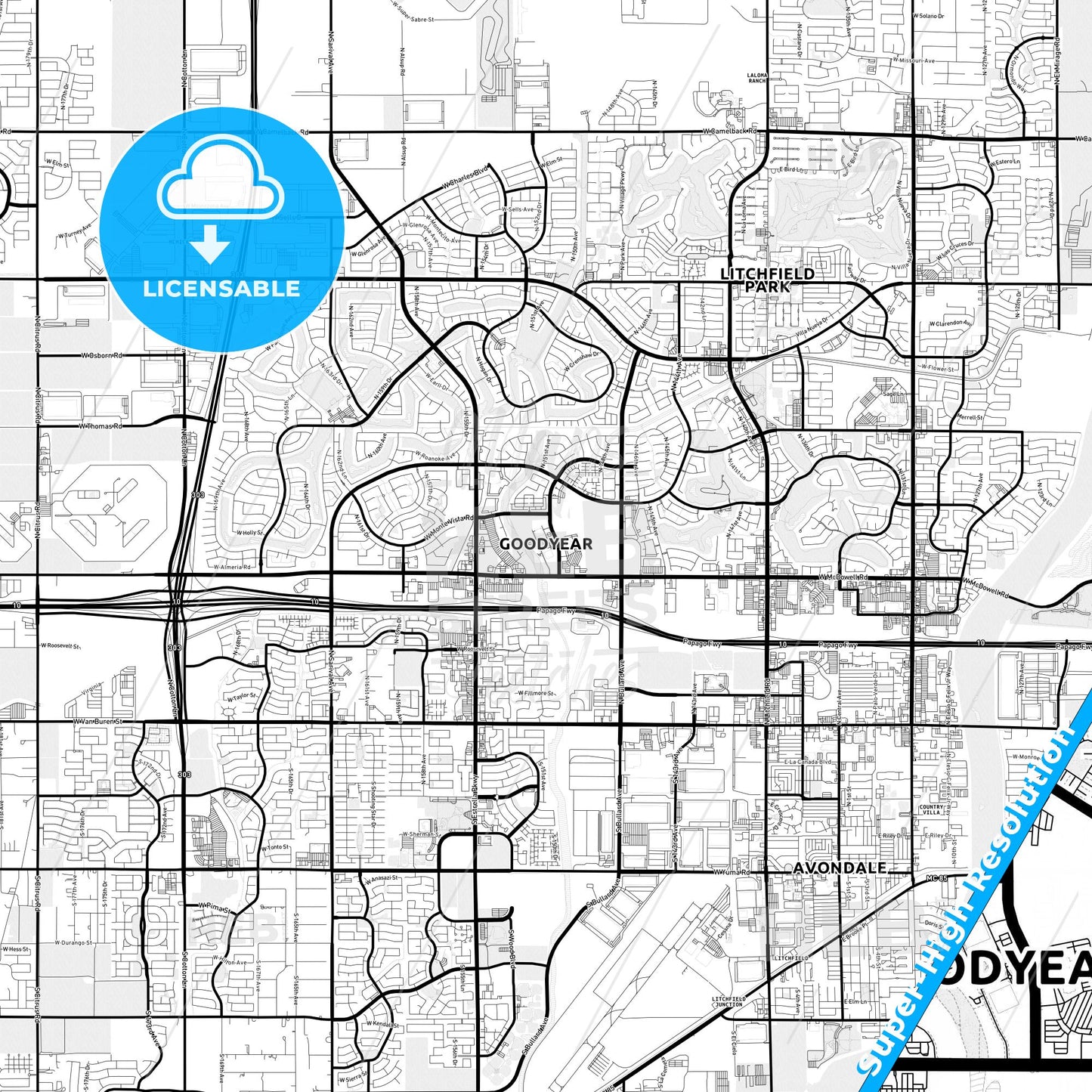 Goodyear, Arizona Light Map with Street Names, City Names, and Districts