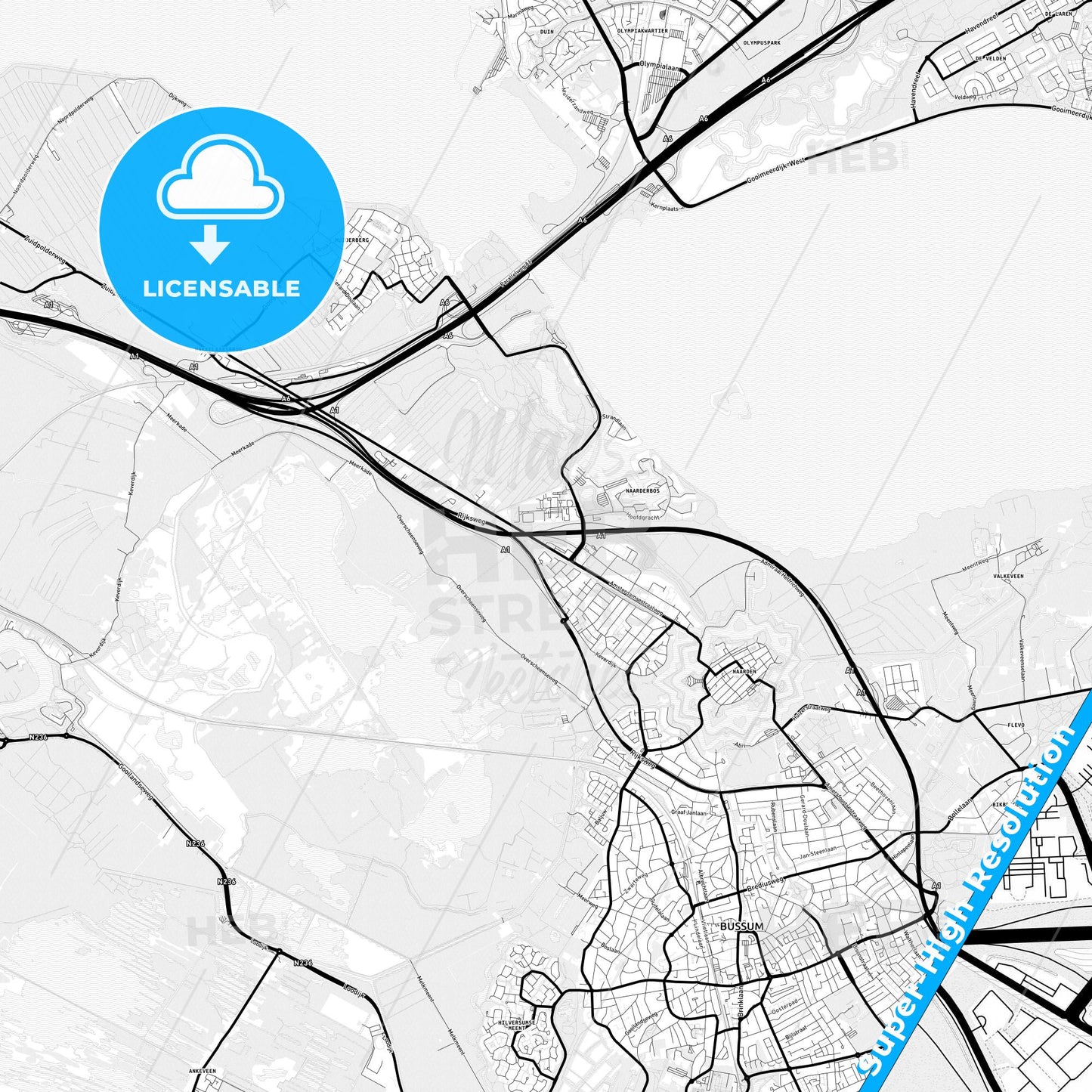 Gooise Meren, Netherlands Light Map with Street Names, City Names, and Districts