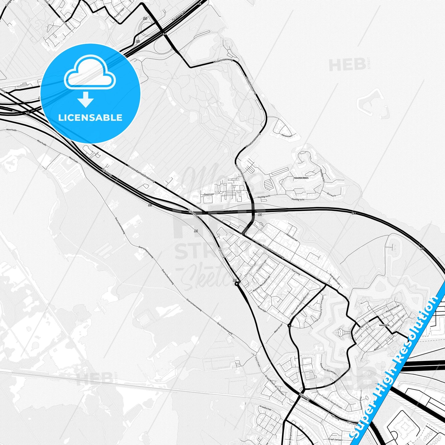 Gooise Meren, Netherlands Light Map with Street Names, City Names, and Districts