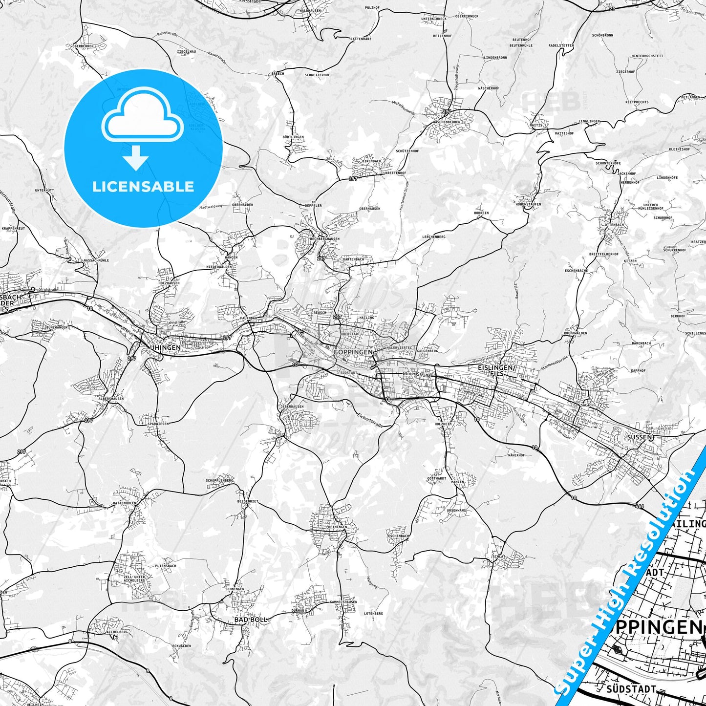 Goppingen, Germany light map with streetnames, citynames and districts