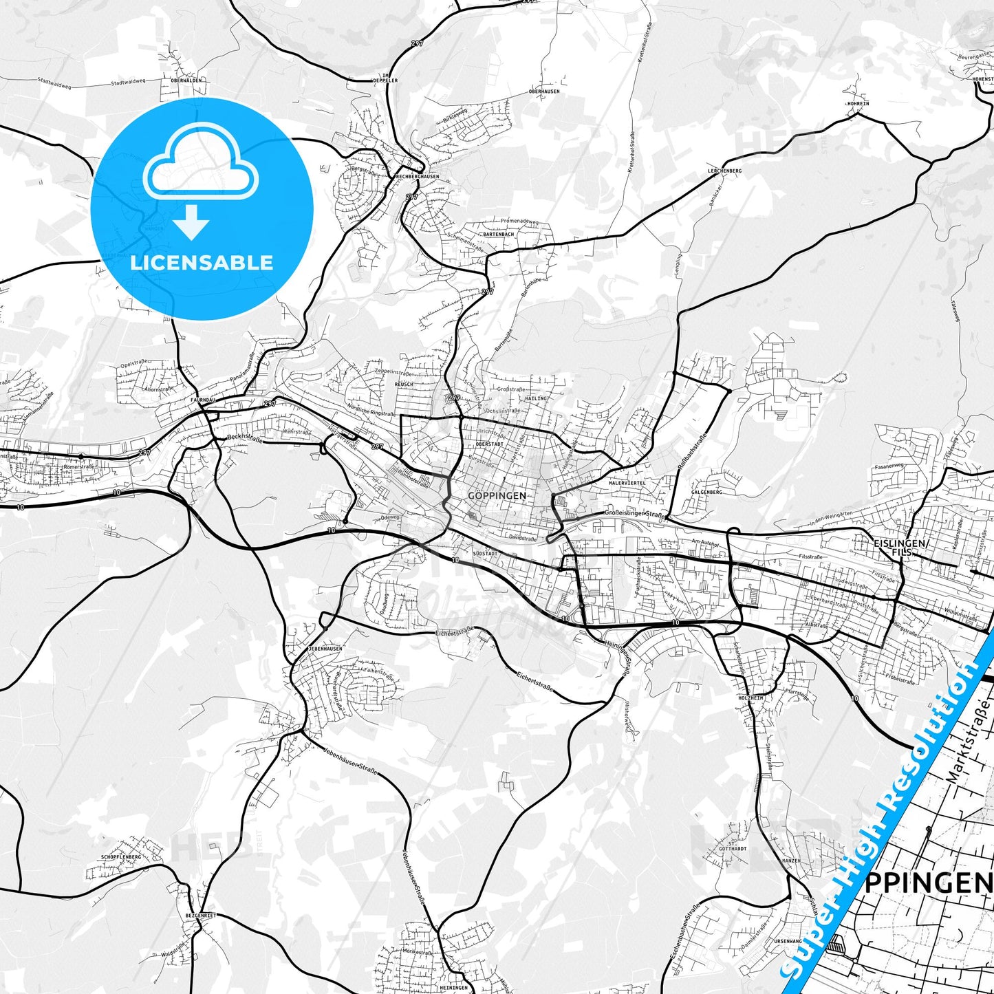 Goppingen, Germany Light Map with Street Names, City Names, and Districts