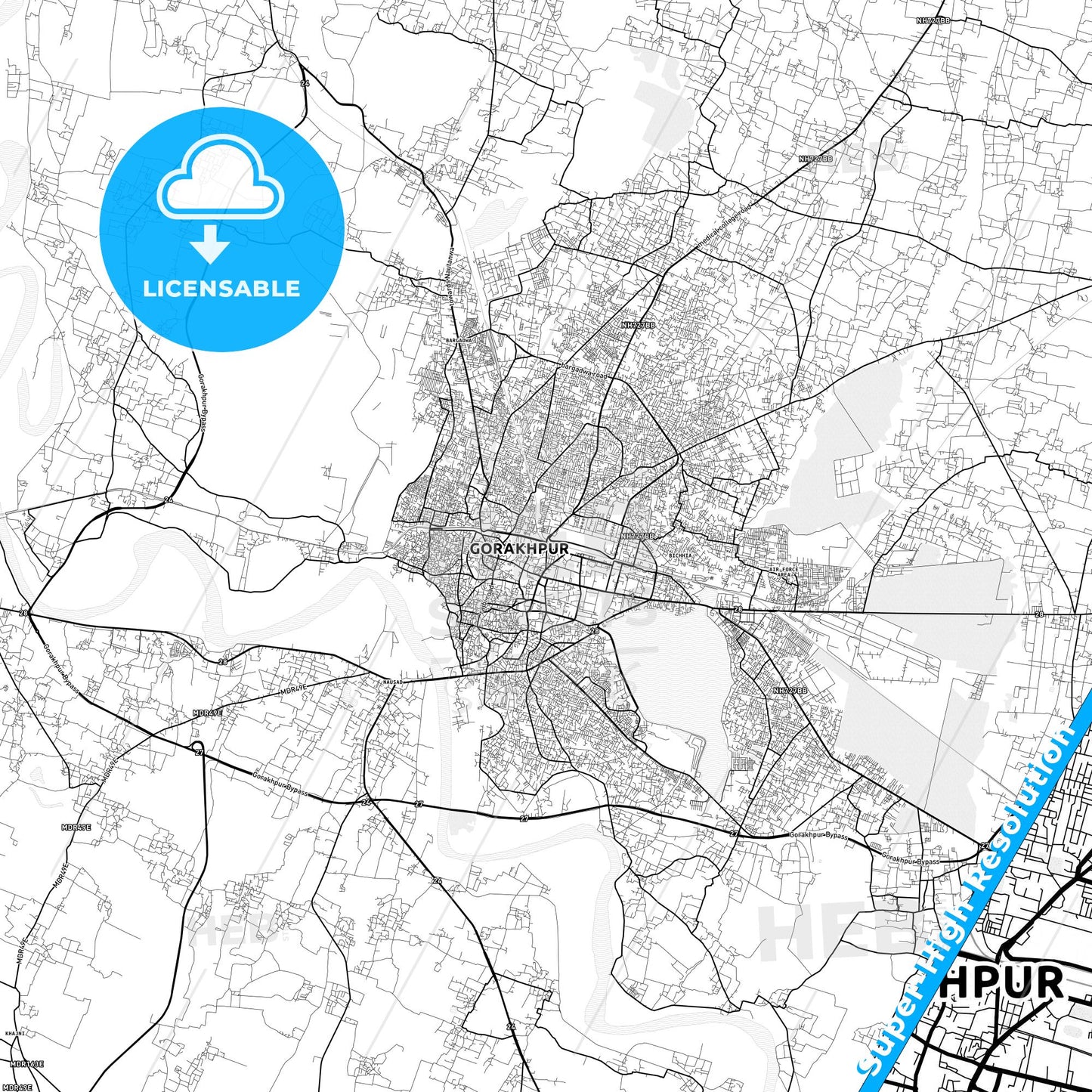 Gorakhpur, India light map with streetnames, citynames and districts