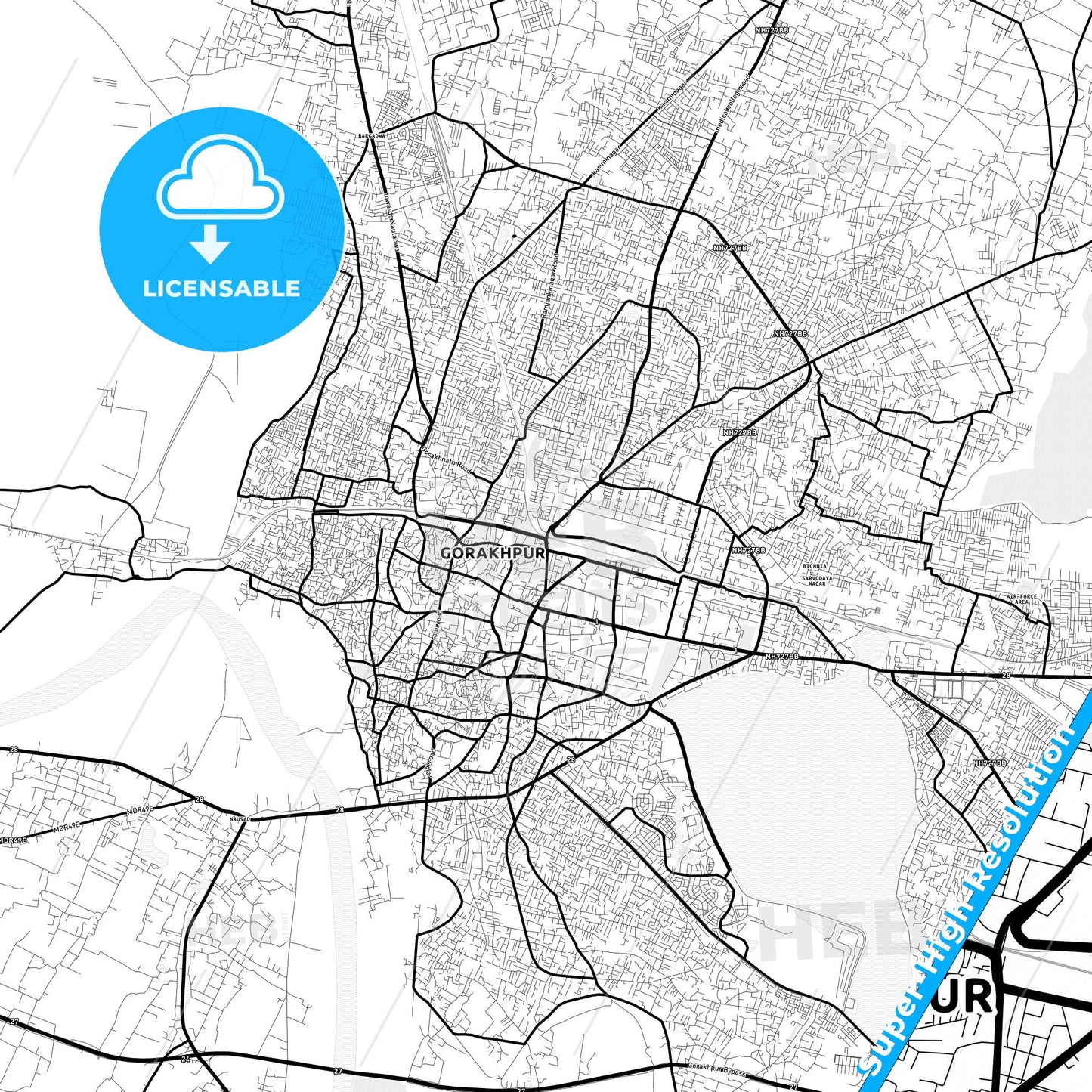 Gorakhpur, India Light Map with Street Names, City Names, and Districts