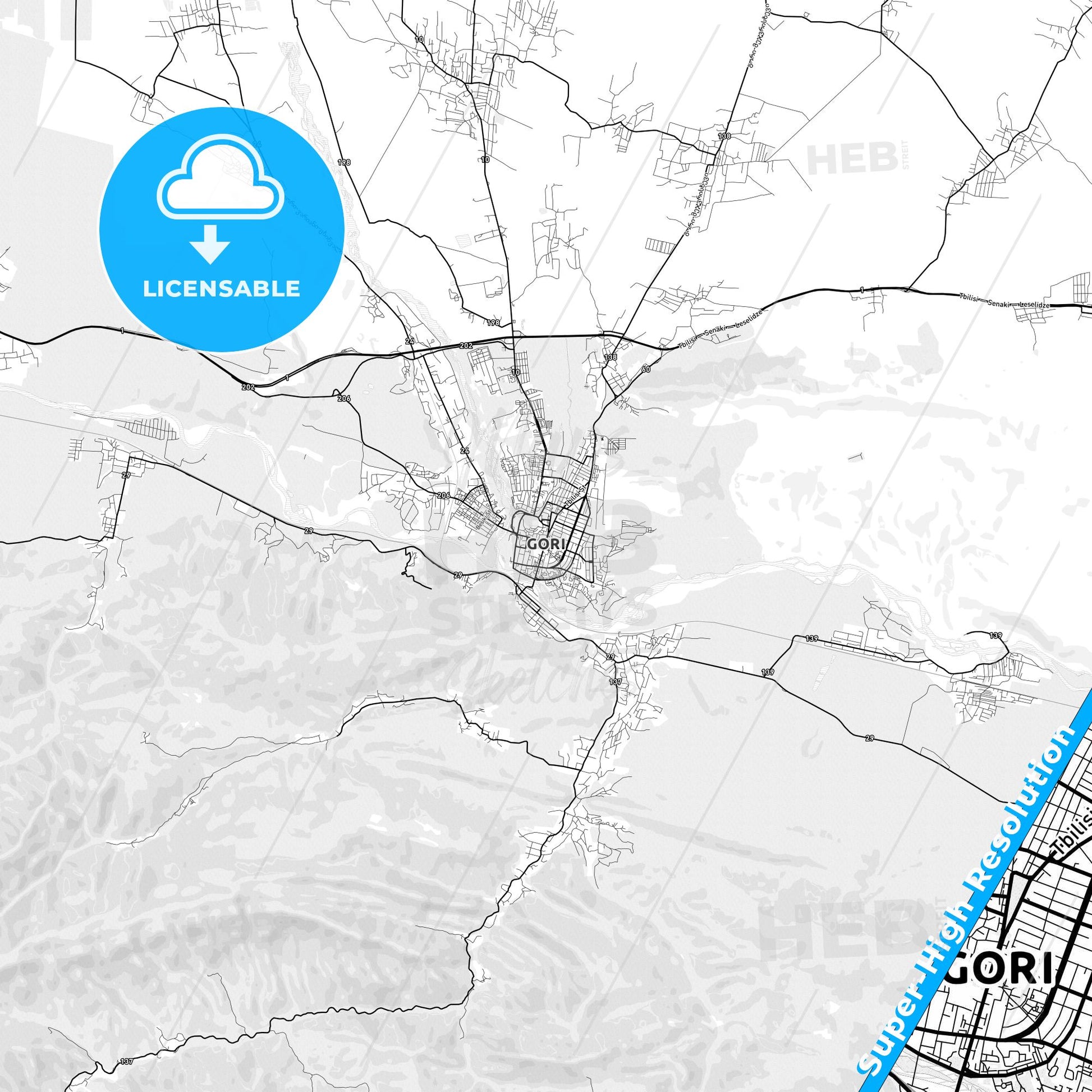 Gori, Georgia light map with streetnames, citynames and districts