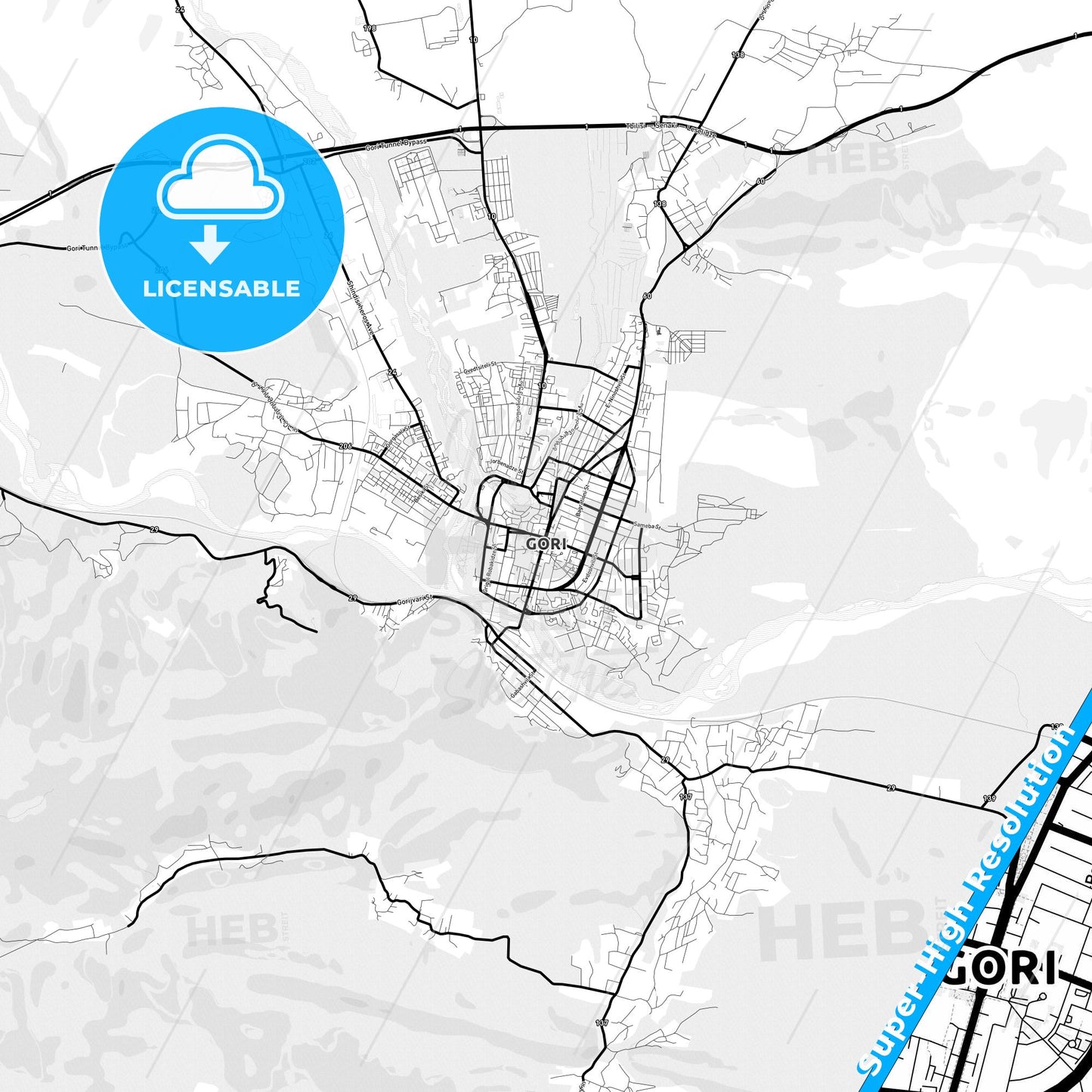 Gori, Georgia Light Map with Street Names, City Names, and Districts