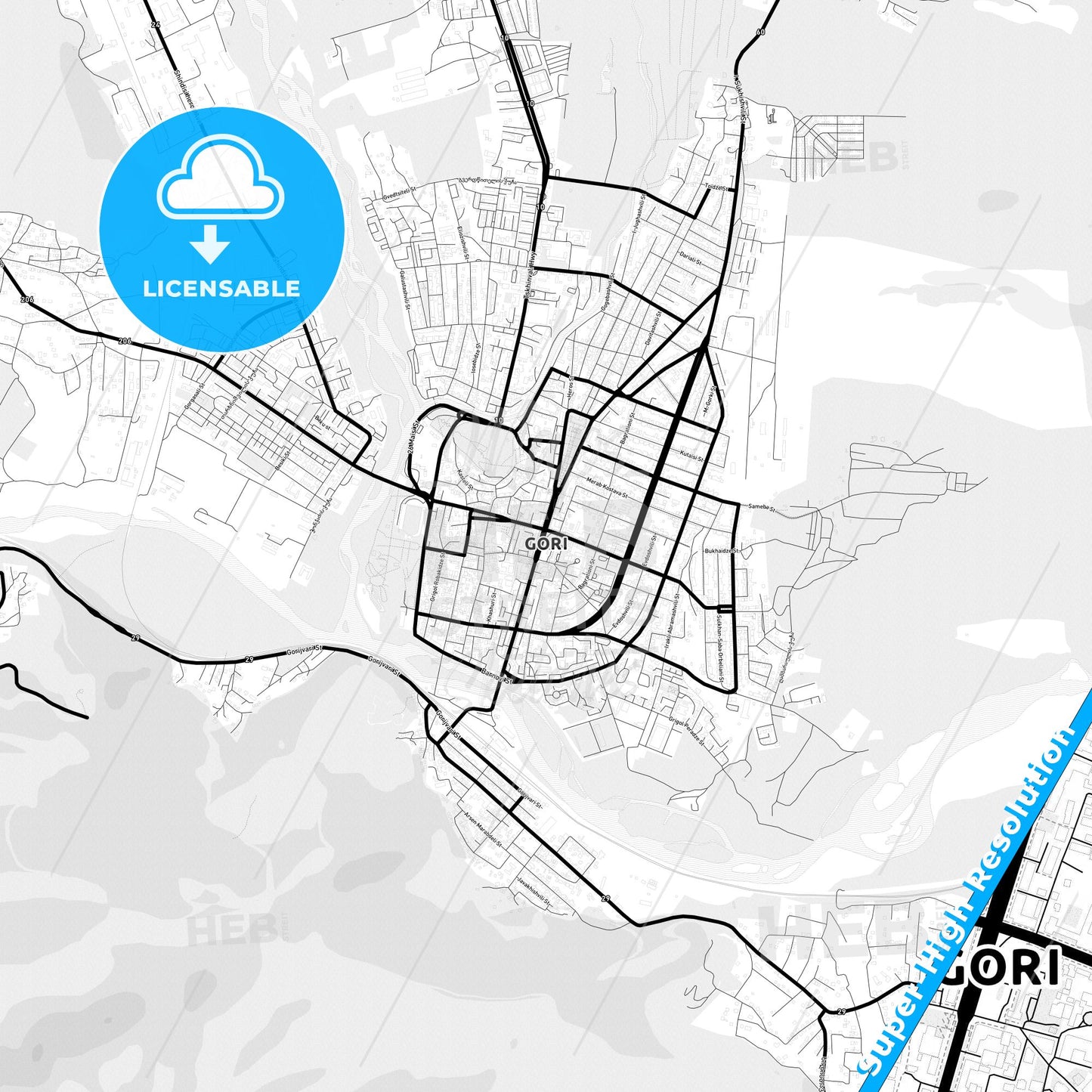 Gori, Georgia Light Map with Street Names, City Names, and Districts