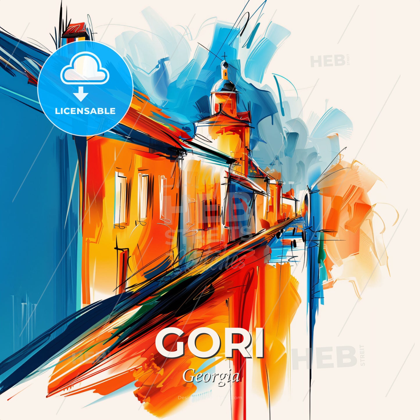 Vibrant Gori, Georgia - A Painting Of A Street With Buildings - Square format print template