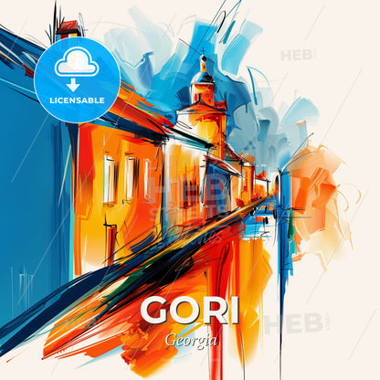 Vibrant Gori, Georgia - A Painting Of A Street With Buildings - Square format print template
