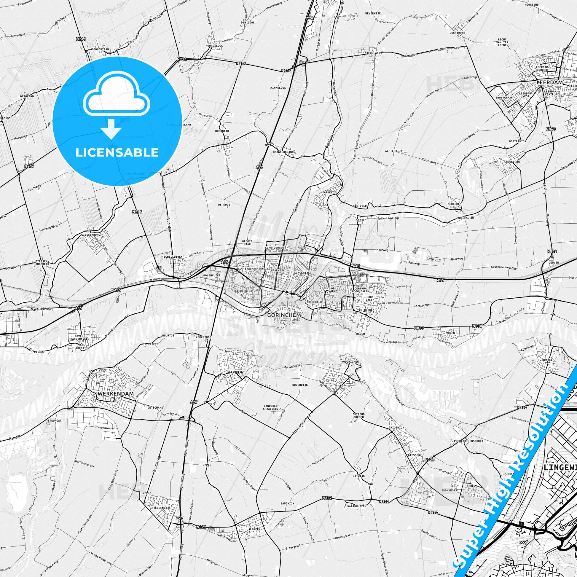 Gorinchem, Netherlands light map with streetnames, citynames and districts