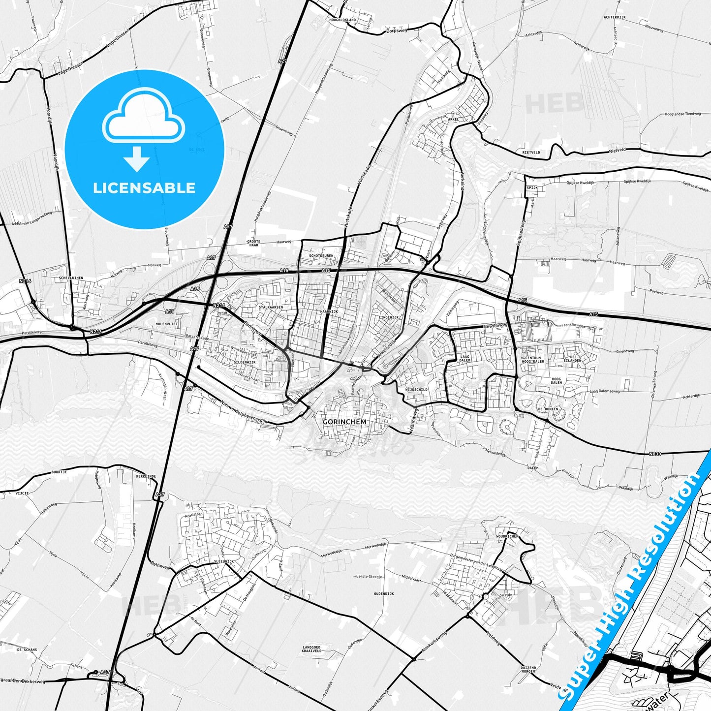 Gorinchem, Netherlands Light Map with Street Names, City Names, and Districts