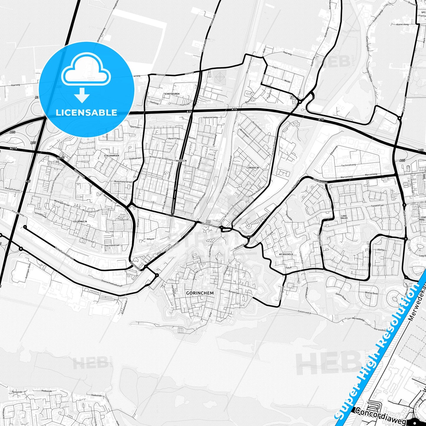 Gorinchem, Netherlands Light Map with Street Names, City Names, and Districts