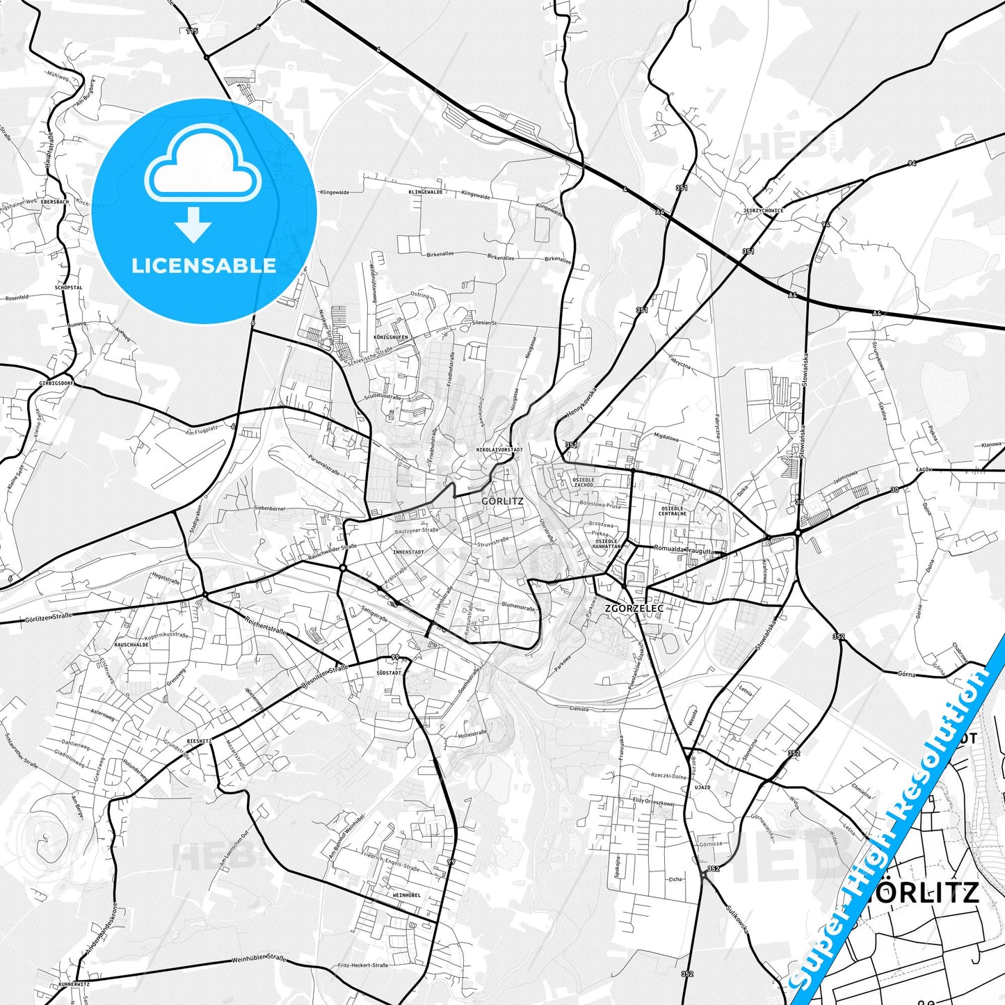 Gorlitz, Germany Light Map with Street Names, City Names, and Districts