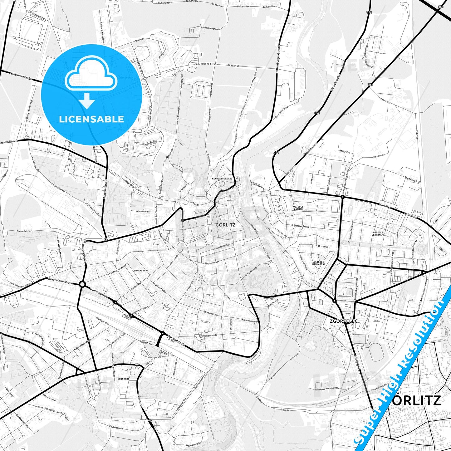 Gorlitz, Germany Light Map with Street Names, City Names, and Districts