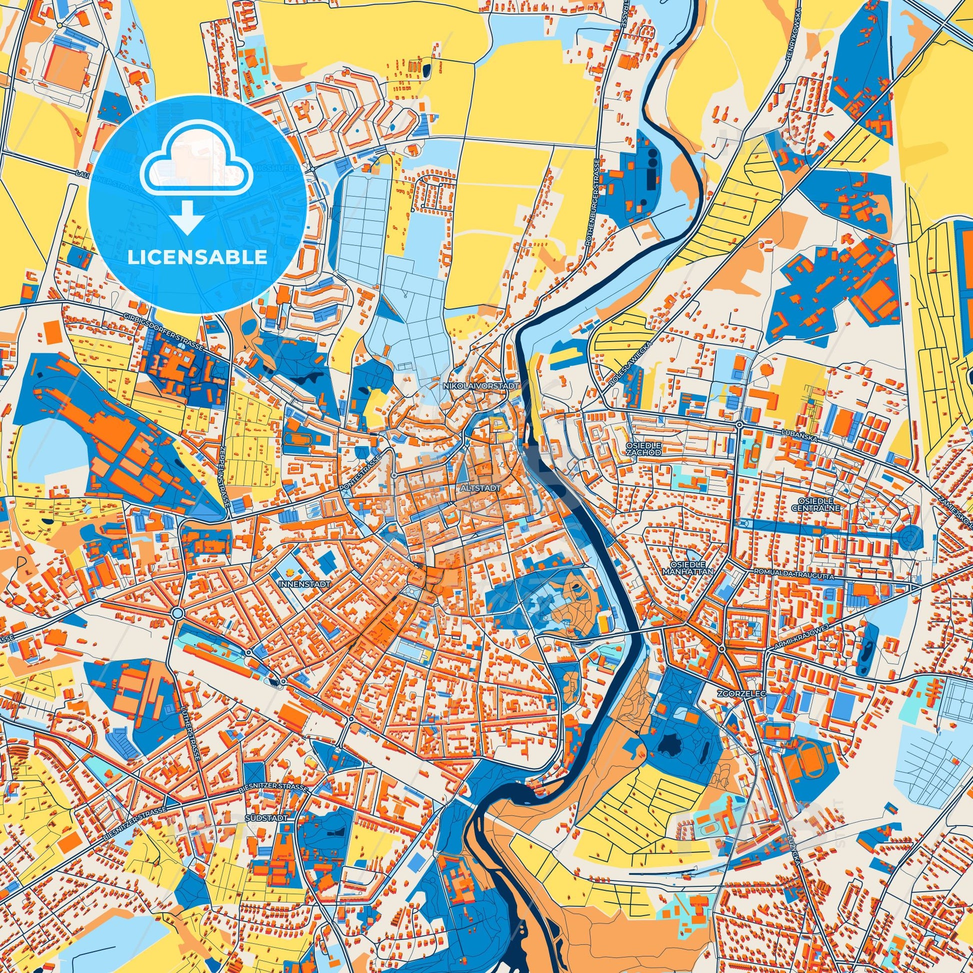 Colorful Gorlitz Street Map with Labels and Buildings