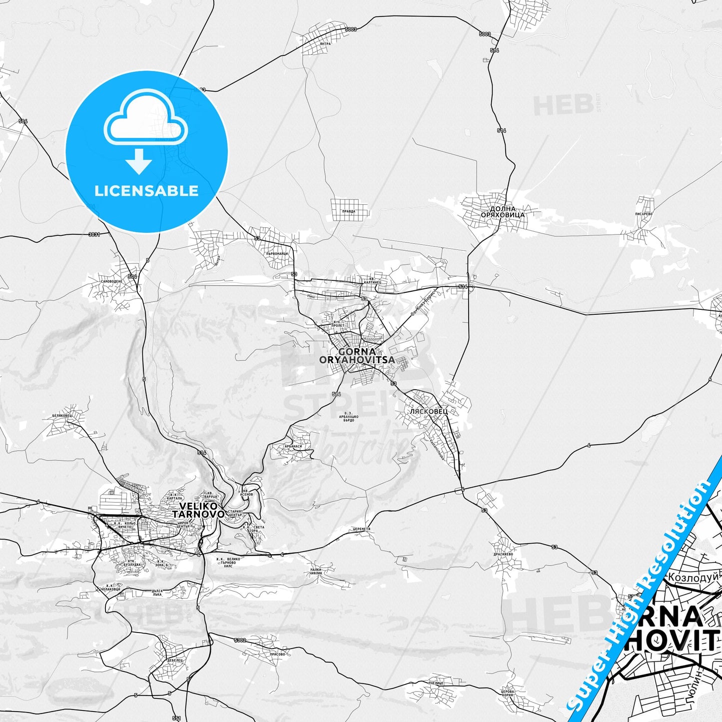 Gorna Oryahovitsa, Bulgaria light map with streetnames, citynames and districts
