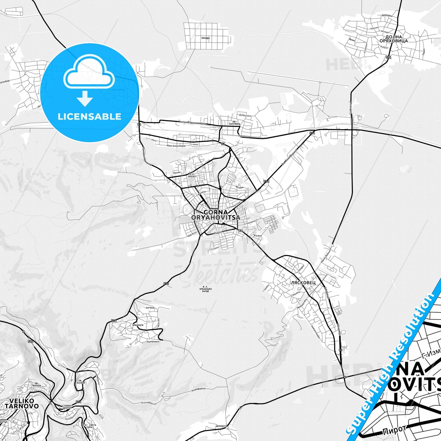 Gorna Oryahovitsa, Bulgaria Light Map with Street Names, City Names, and Districts