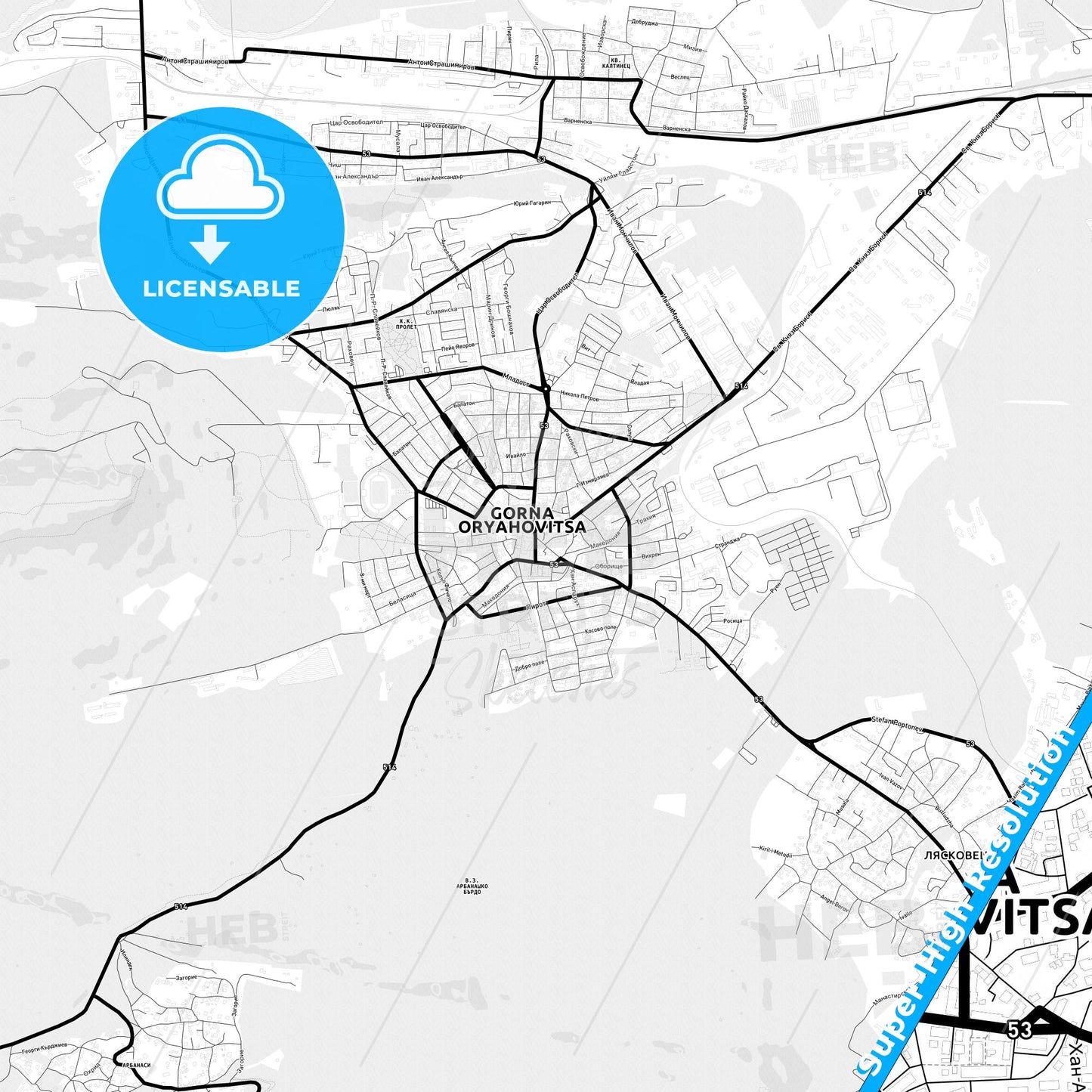 Gorna Oryahovitsa, Bulgaria Light Map with Street Names, City Names, and Districts