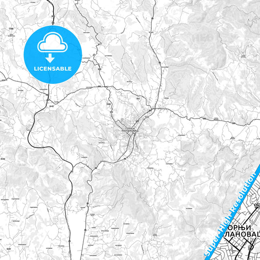 Gornji Milanovac, Serbia light map with streetnames, citynames and districts