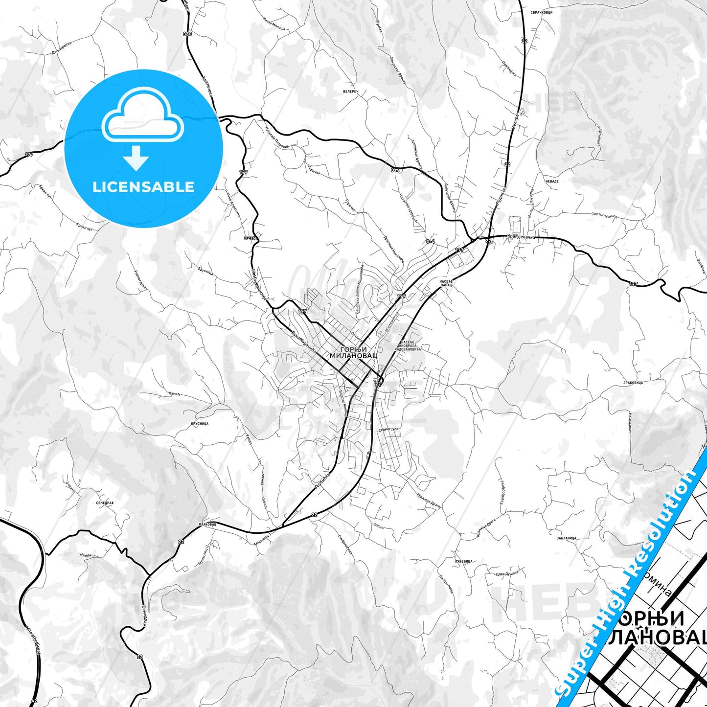Gornji Milanovac, Serbia Light Map with Street Names, City Names, and Districts