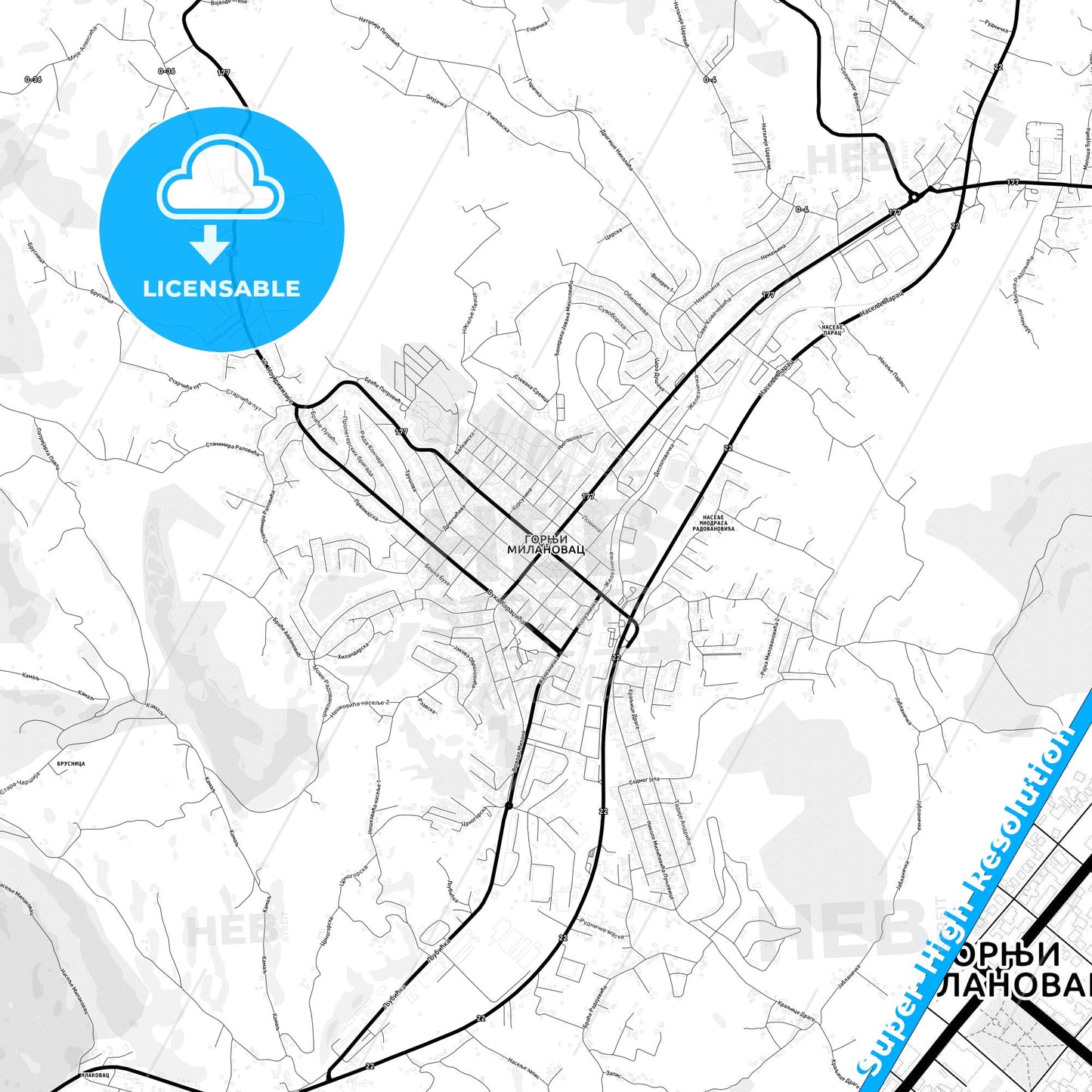 Gornji Milanovac, Serbia Light Map with Street Names, City Names, and Districts