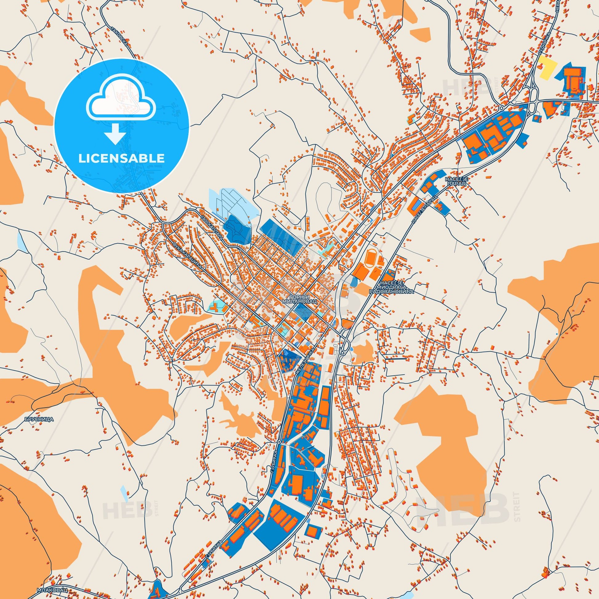 Colorful Gornji Milanovac Street Map with Labels and Buildings