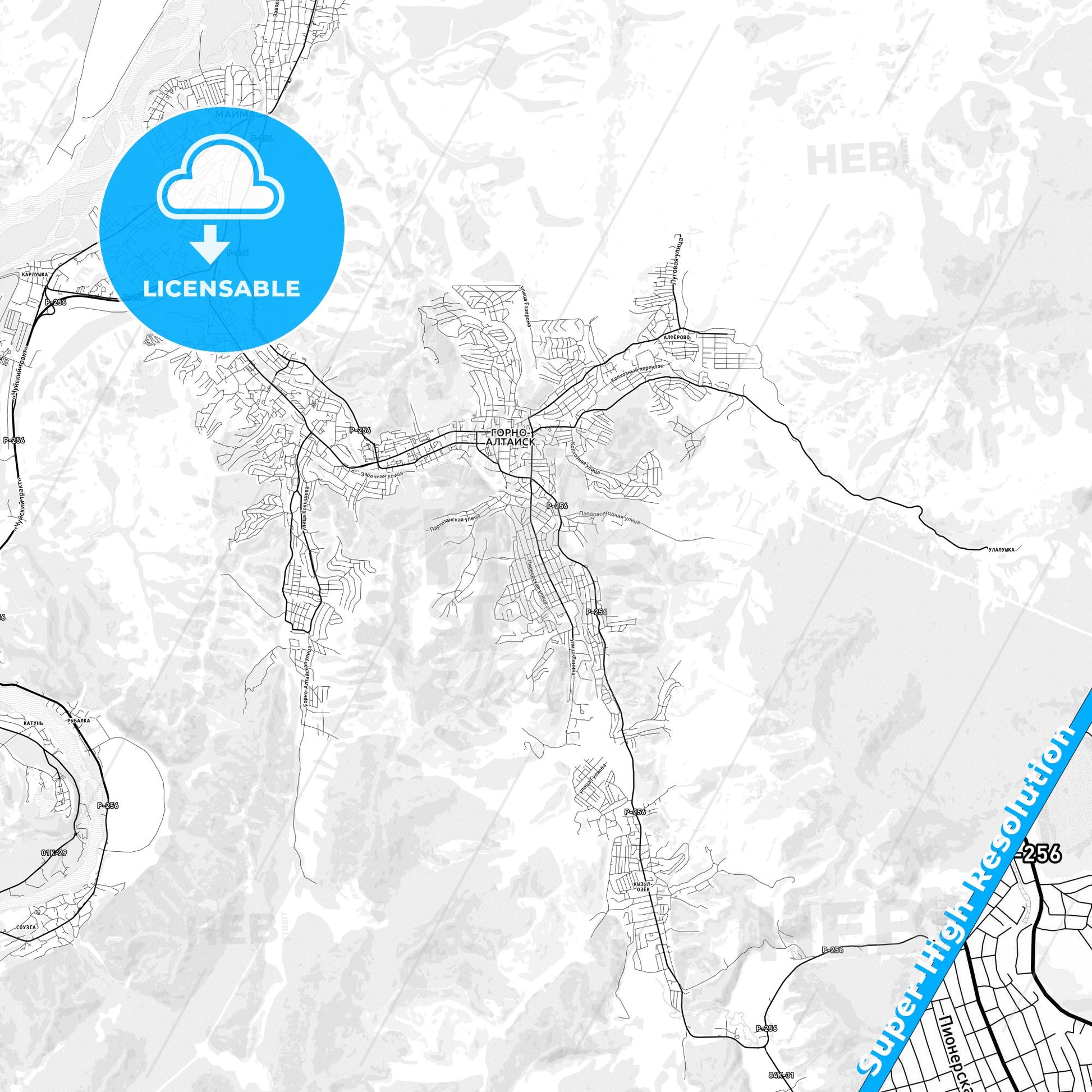 Gorno-Altaysk, Russia light map with streetnames, citynames and districts