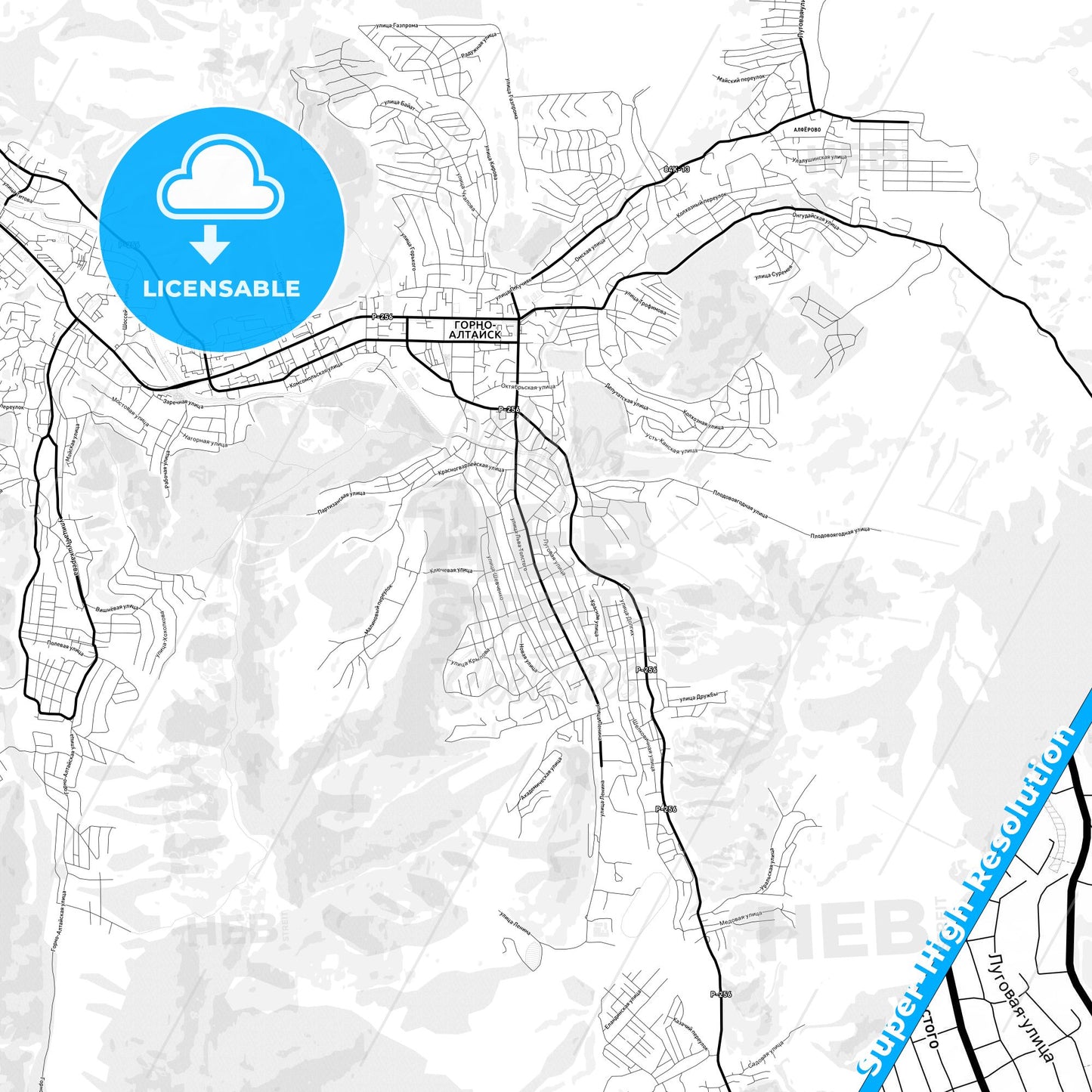 Gorno-Altaysk, Russia Light Map with Street Names, City Names, and Districts