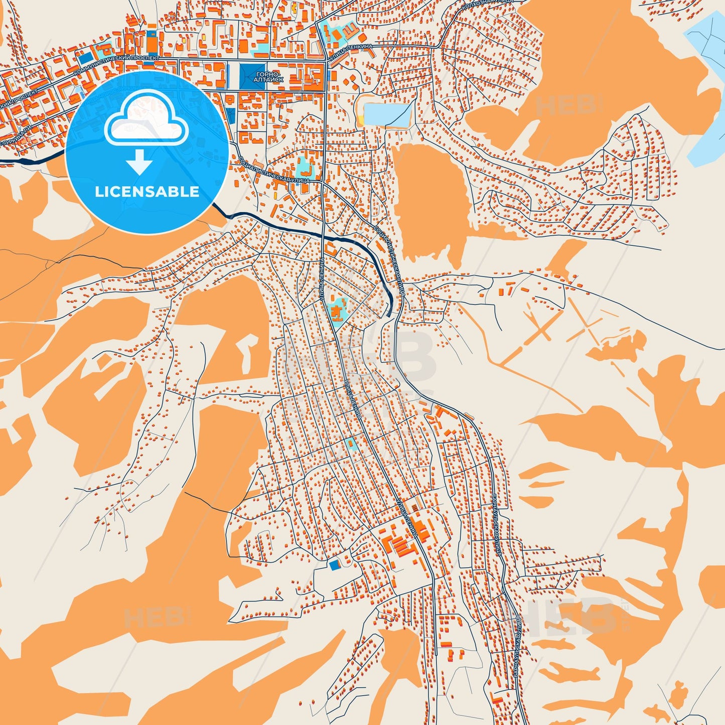 Colorful Gorno-Altaysk Street Map with Labels and Buildings