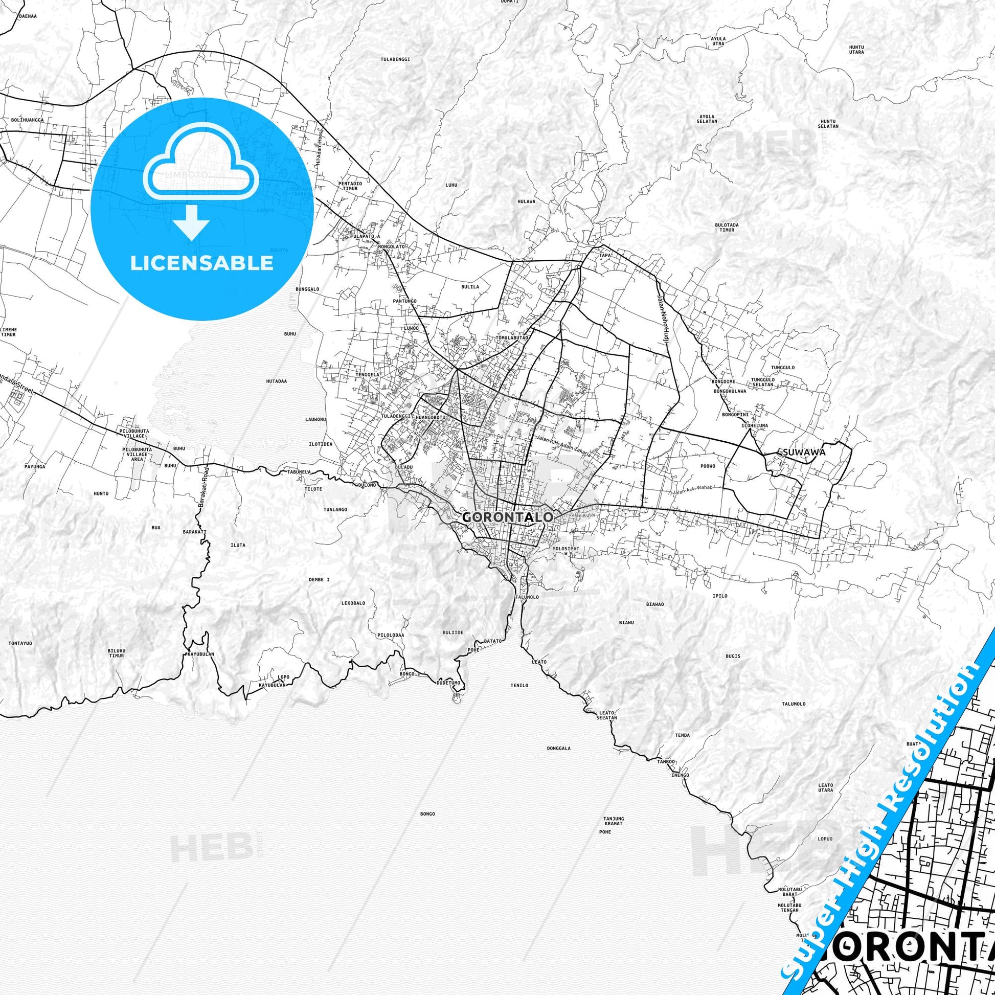 Gorontalo, Indonesia light map with streetnames, citynames and districts