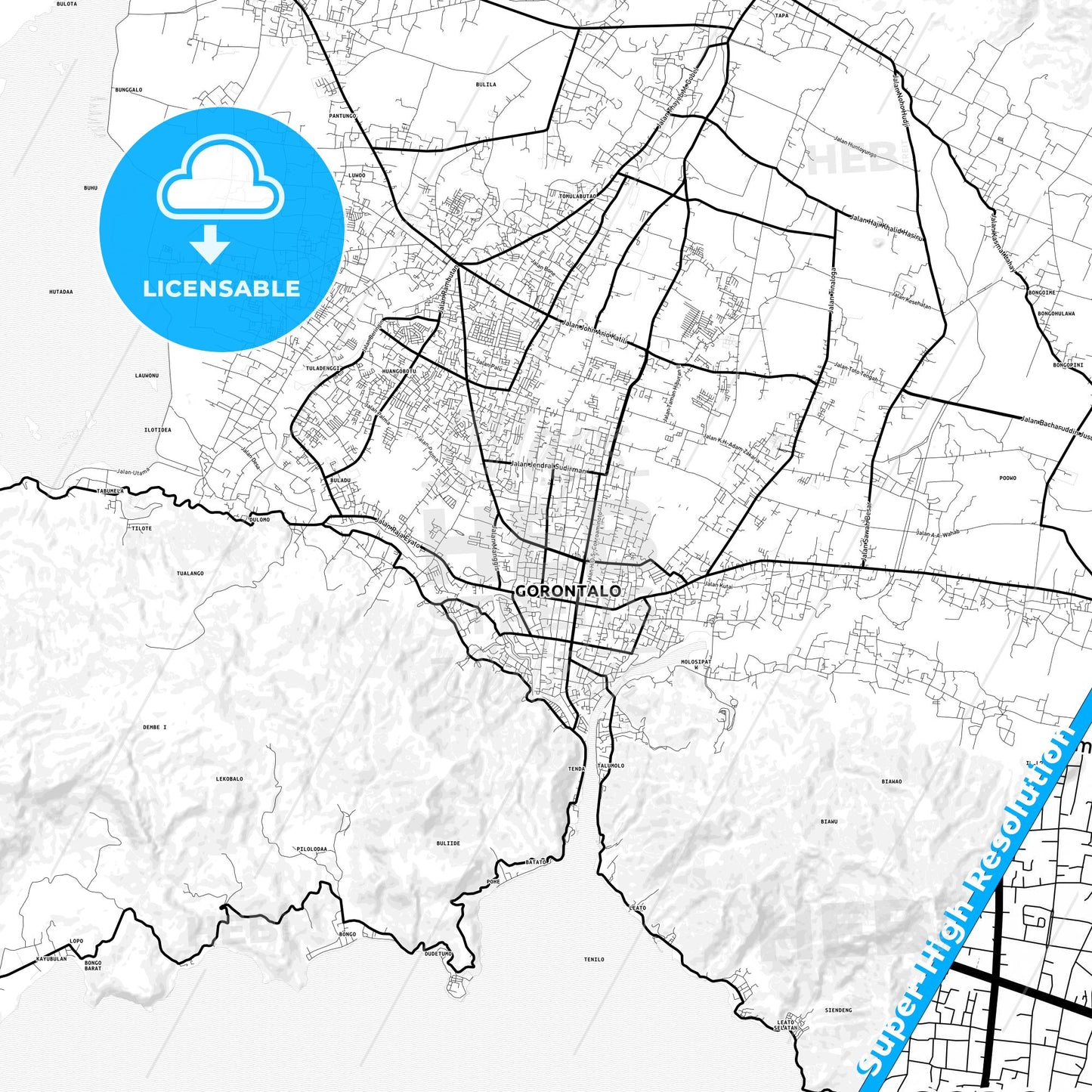 Gorontalo, Indonesia Light Map with Street Names, City Names, and Districts