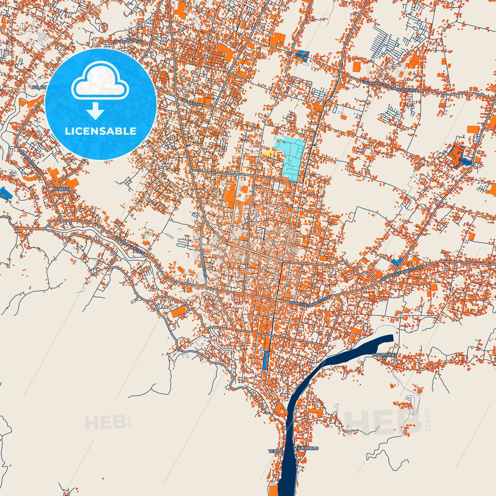 Colorful Gorontalo Street Map with Labels and Buildings
