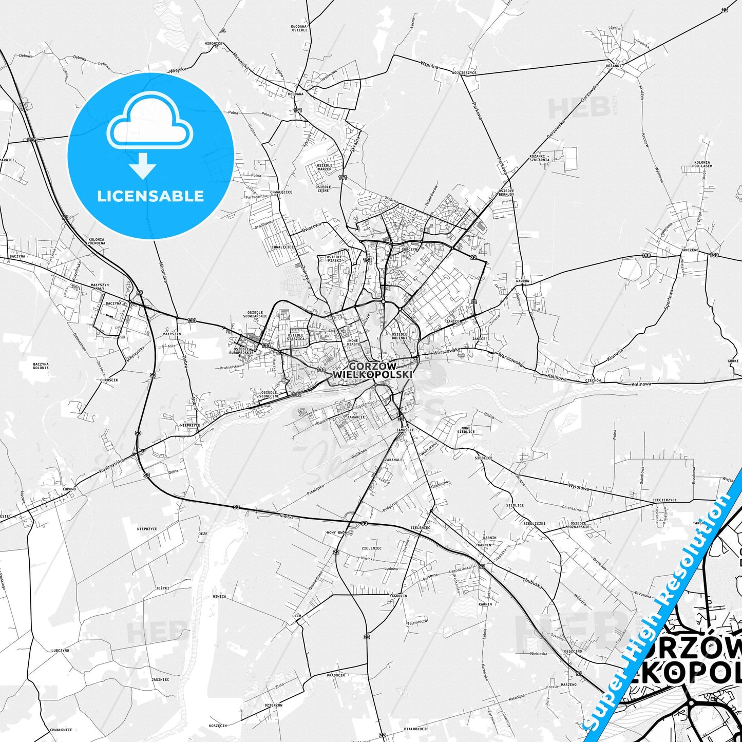 Gorzów Wielkopolski, Poland light map with streetnames, citynames and districts
