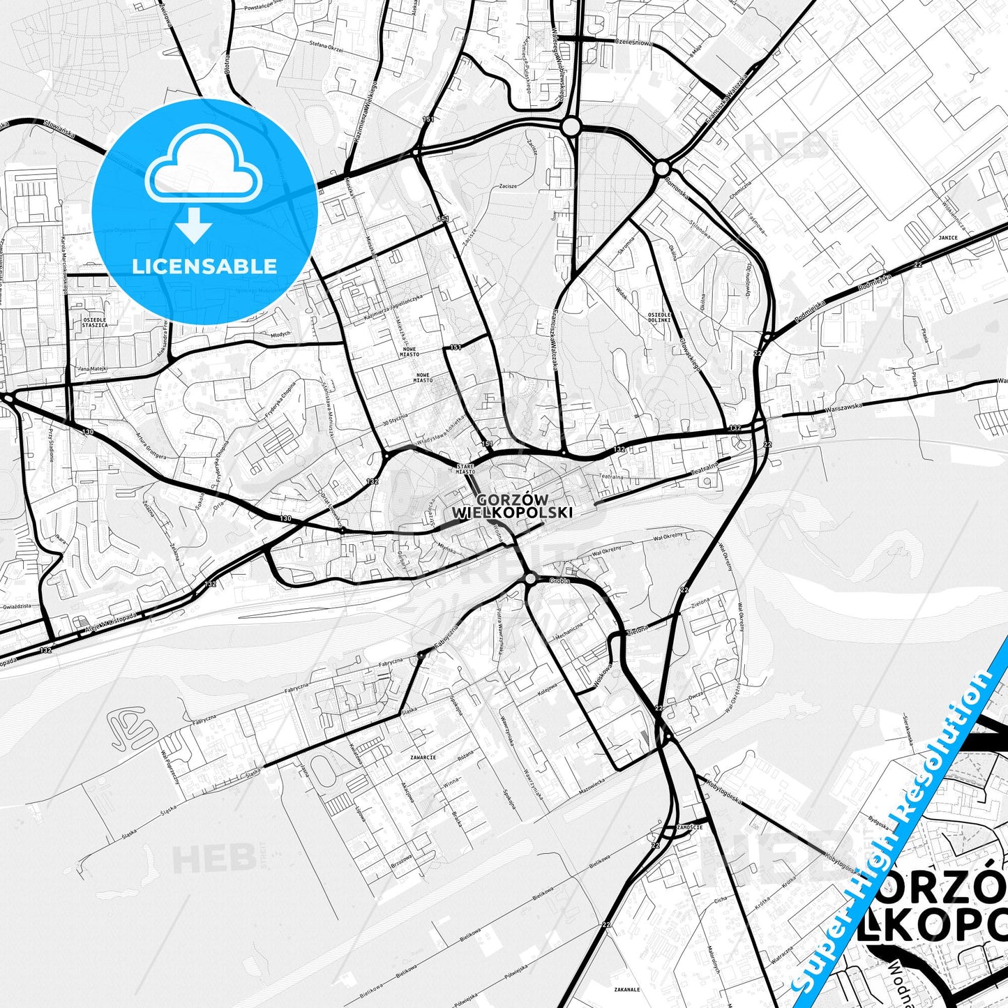 Gorzów Wielkopolski, Poland Light Map with Street Names, City Names, and Districts
