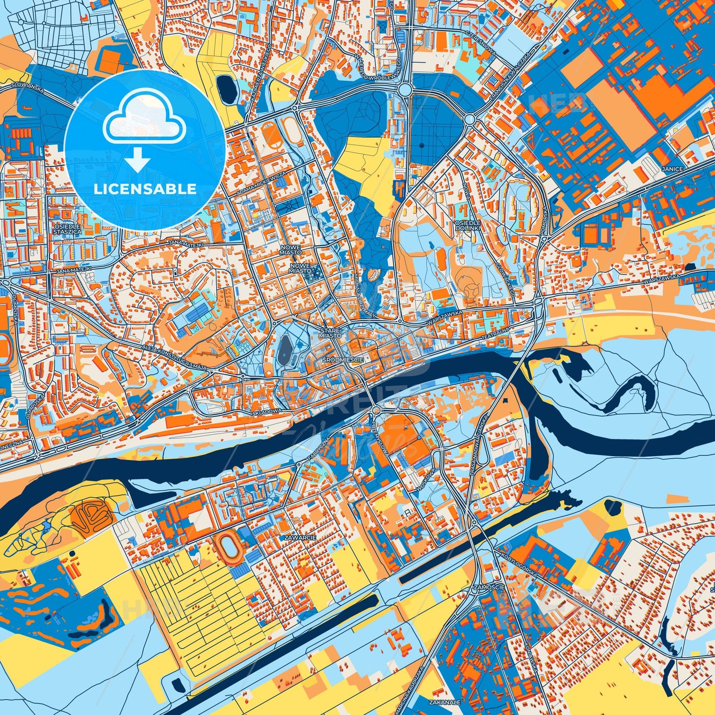 Colorful Gorzów Wielkopolski Street Map with Labels and Buildings