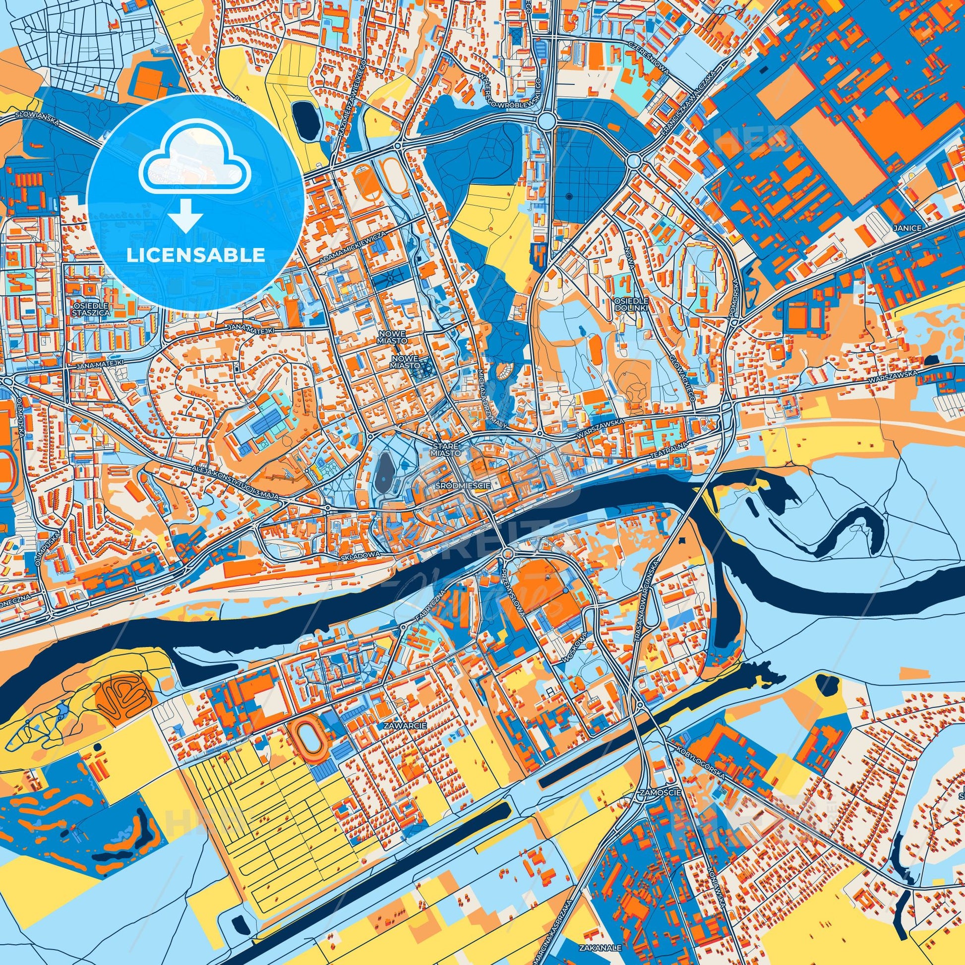Colorful Gorzów Wielkopolski Street Map with Labels and Buildings