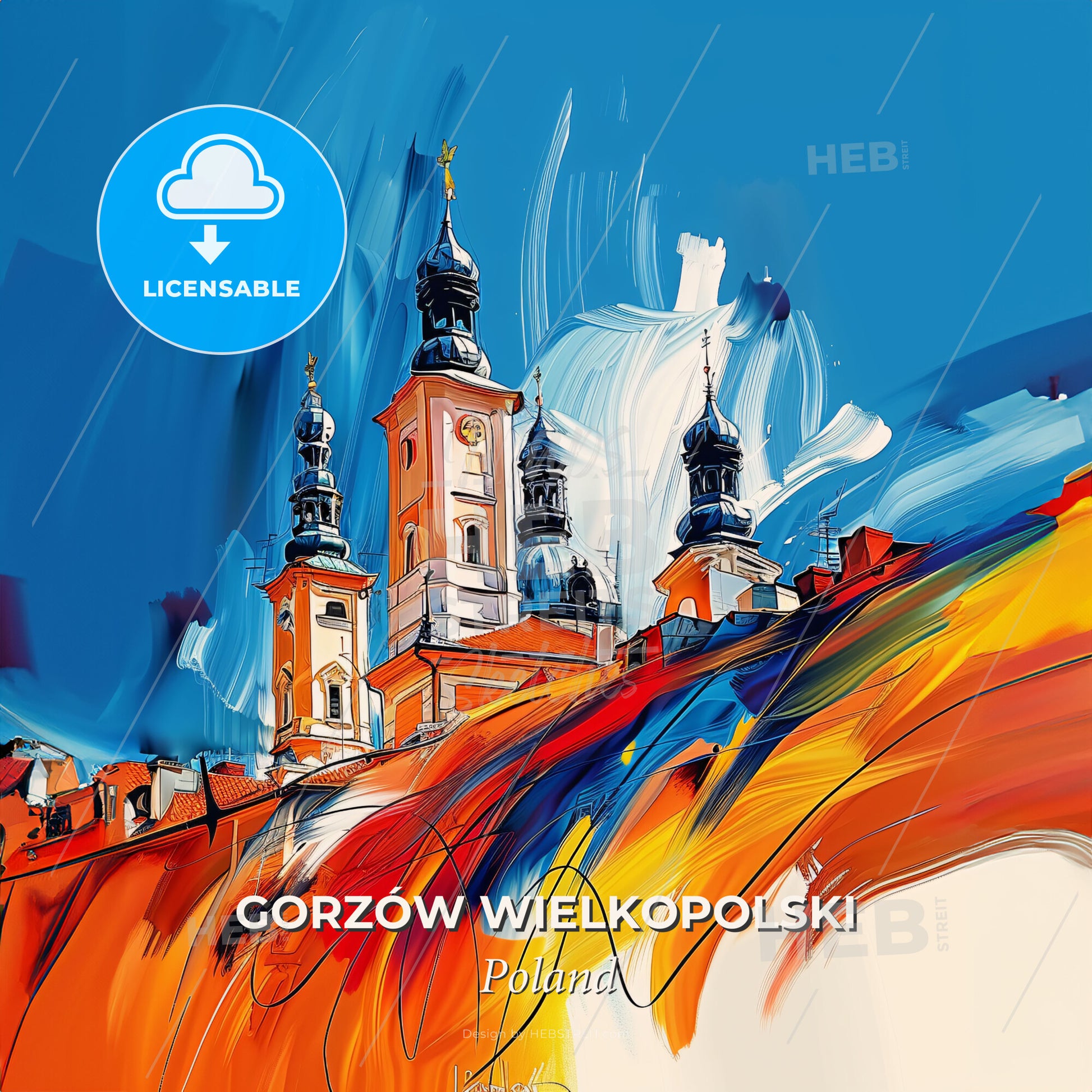 Vibrant Gorzów Wielkopolski, Poland - A Painting Of A Building With Towers - Square format print template