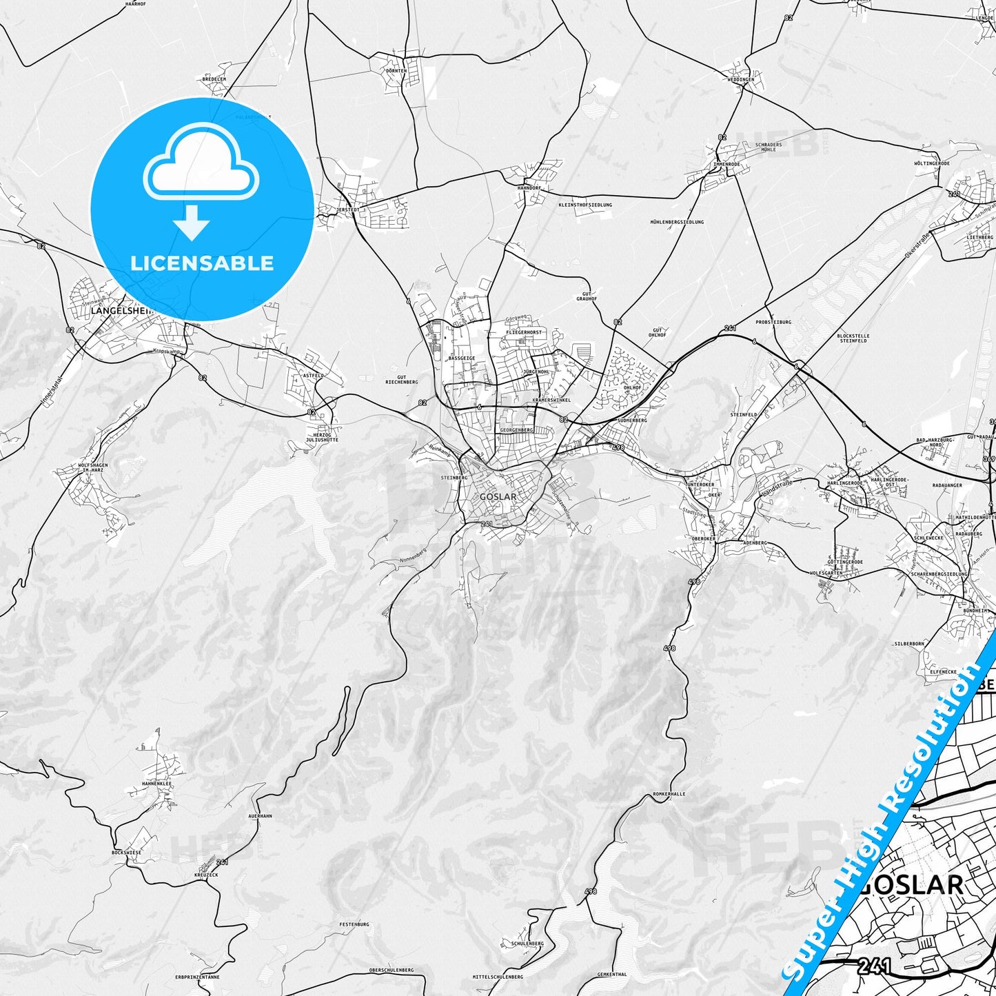 Goslar, Germany light map with streetnames, citynames and districts