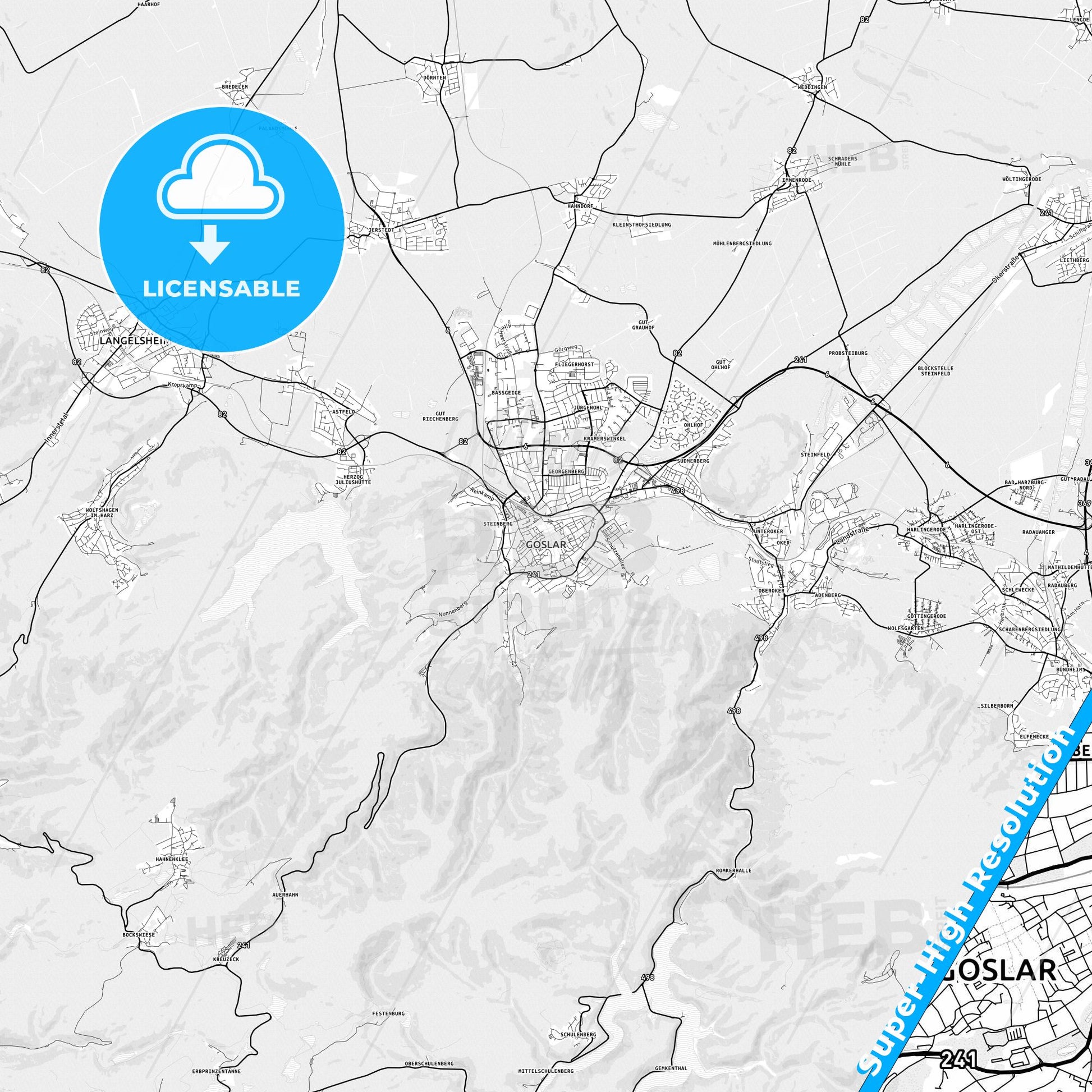 Goslar, Germany light map with streetnames, citynames and districts