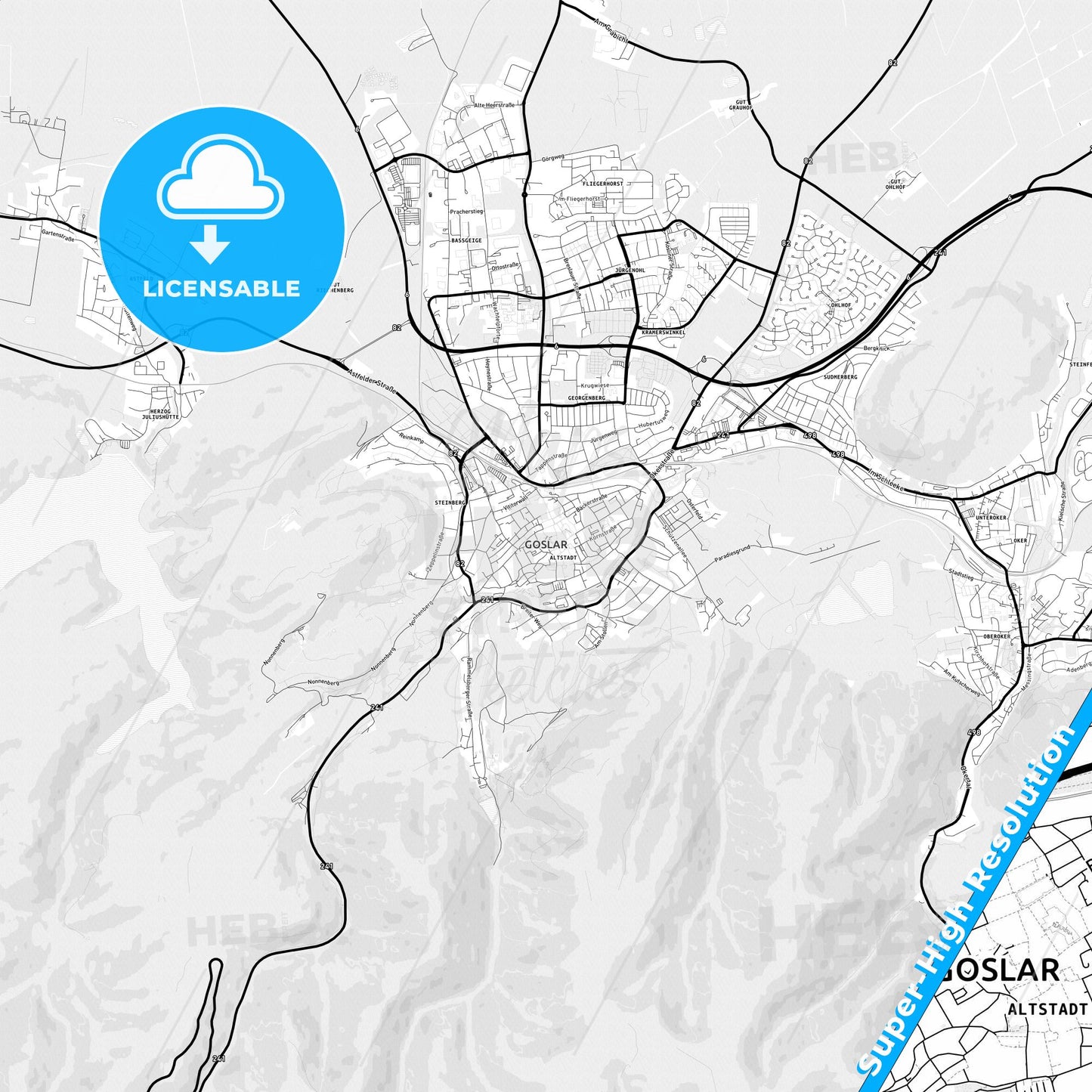 Goslar, Germany Light Map with Street Names, City Names, and Districts