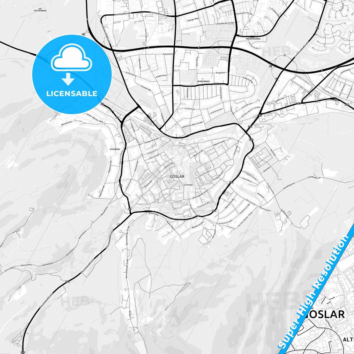 Goslar, Germany Light Map with Street Names, City Names, and Districts