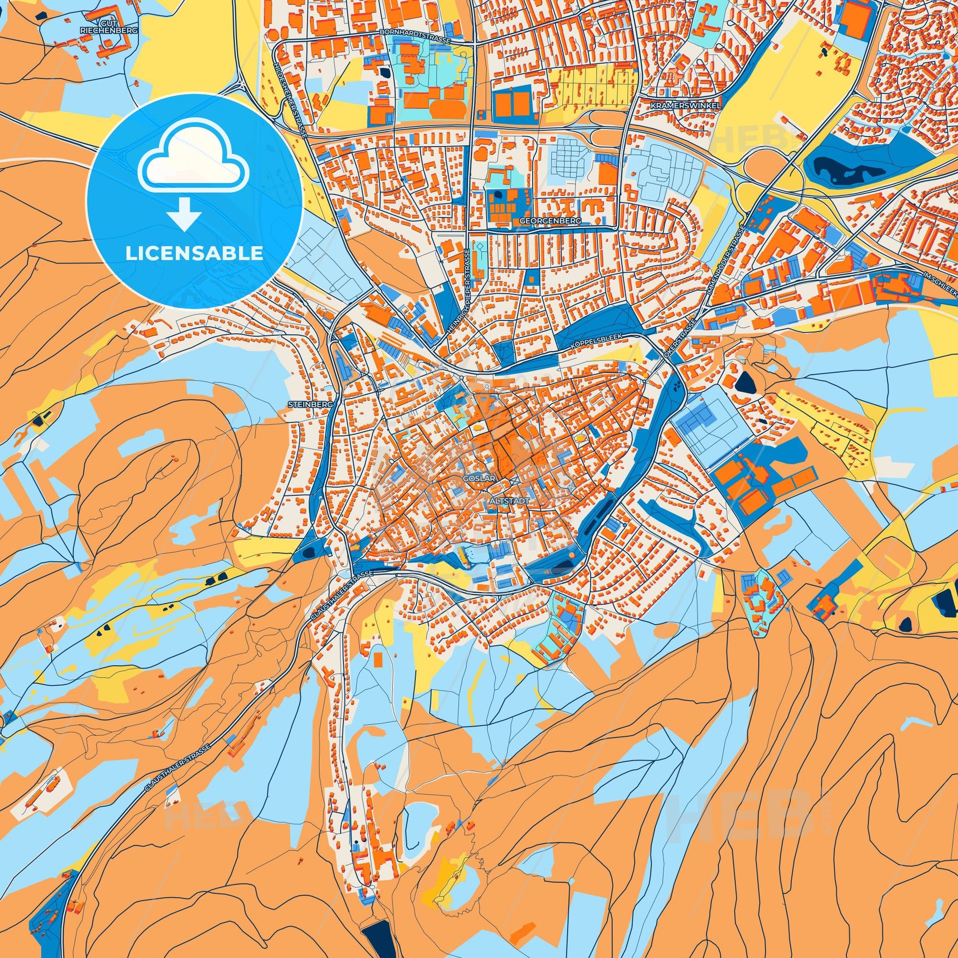 Colorful Goslar Street Map with Labels and Buildings