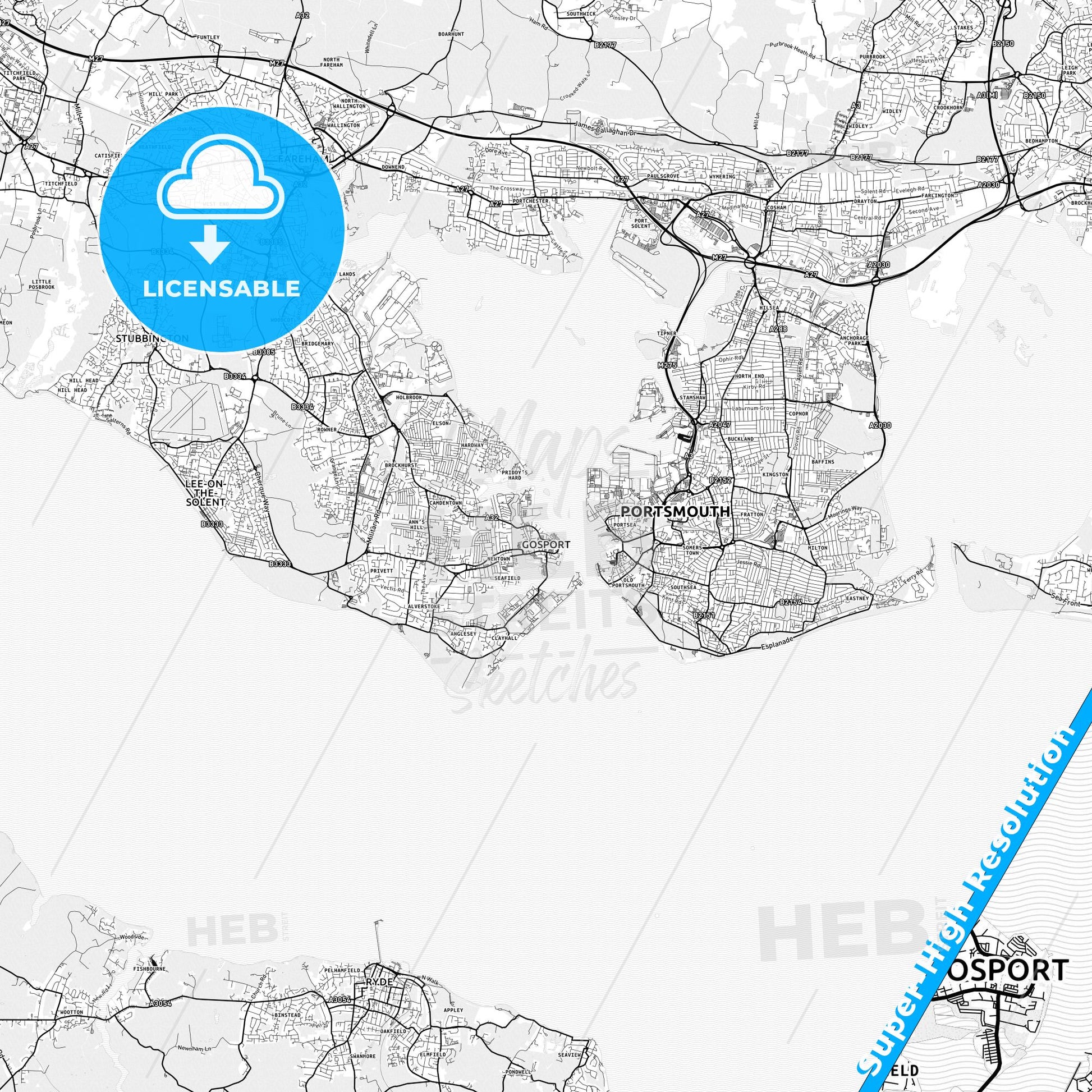 Gosport, England light map with streetnames, citynames and districts