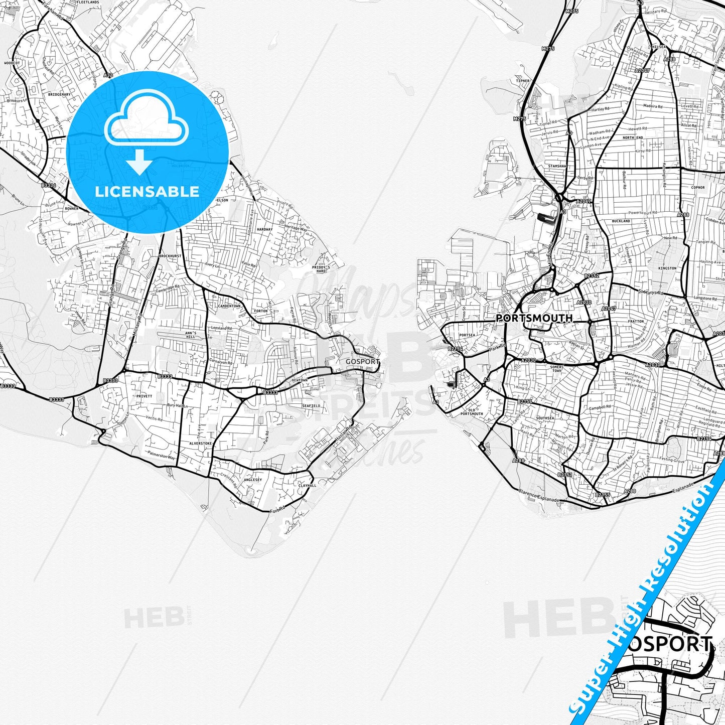 Gosport, England Light Map with Street Names, City Names, and Districts