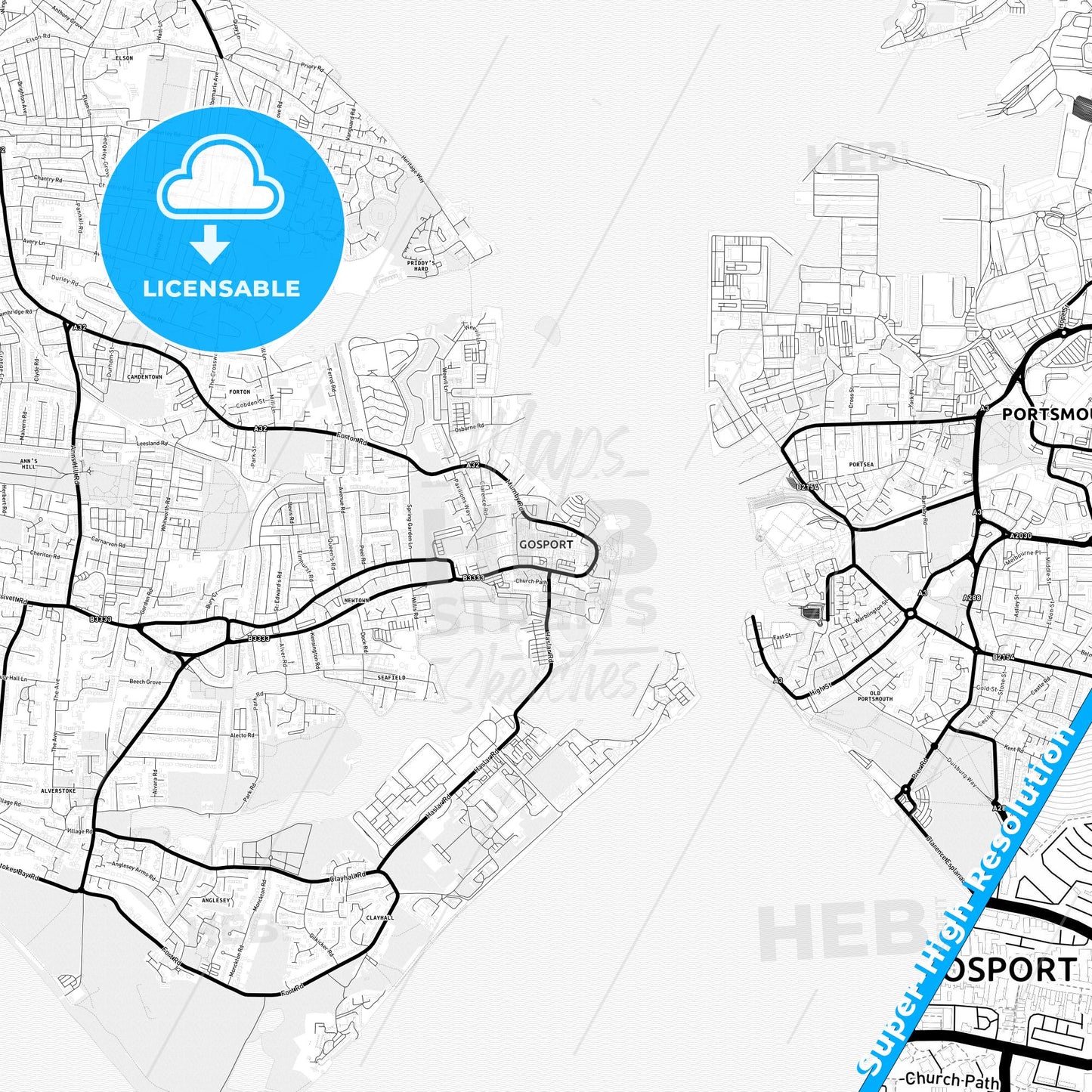 Gosport, England Light Map with Street Names, City Names, and Districts