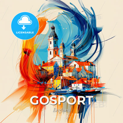 Vibrant Gosport, England - A Painting Of A Town With A Tower And A Boat - Square format print template