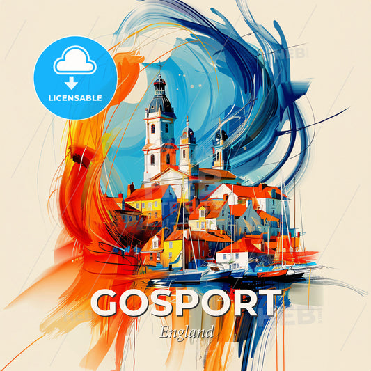 Vibrant Gosport, England - A Painting Of A Town With A Tower And A Boat - Square format print template