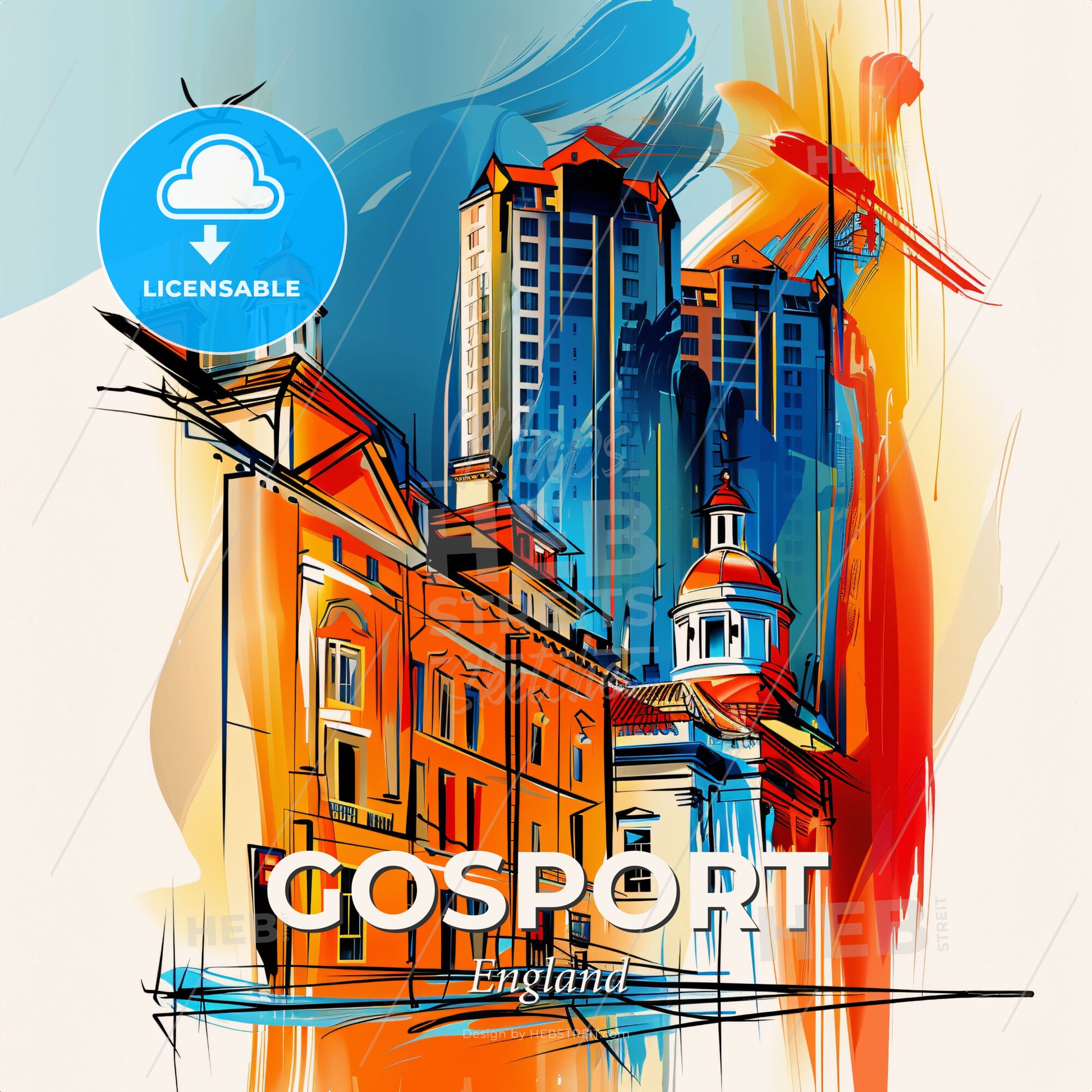 Vibrant Gosport, England - A Painting Of A Building With A Couple Of Tall Buildings - Square format print template