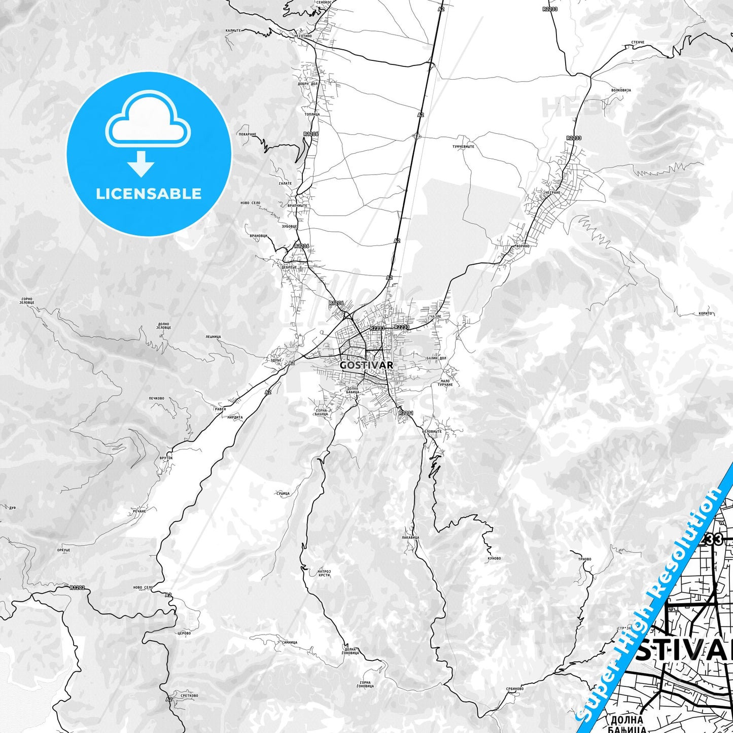 Gostivar, North Macedonia light map with streetnames, citynames and districts