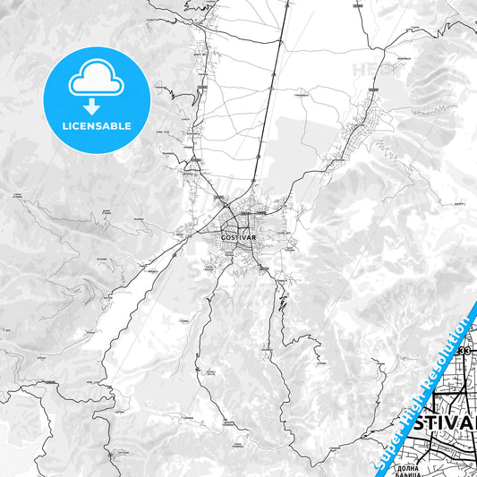 Gostivar, North Macedonia light map with streetnames, citynames and districts
