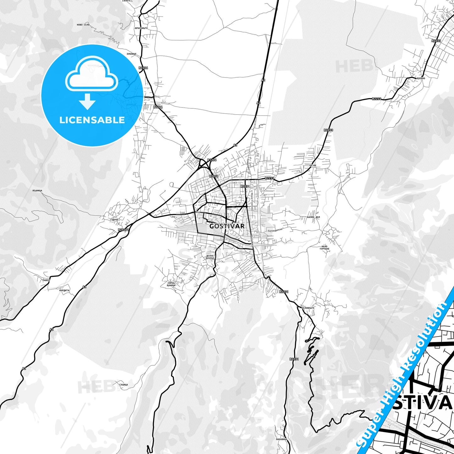 Gostivar, North Macedonia Light Map with Street Names, City Names, and Districts